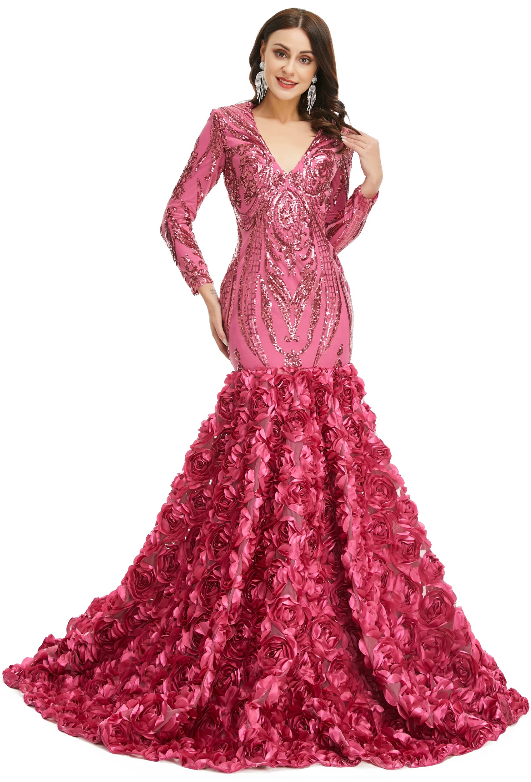 Elegant Women's Long Sleeve V-Neck Rose Sequin Mermaid Evening Dress for Prom, Party & Special Occasions