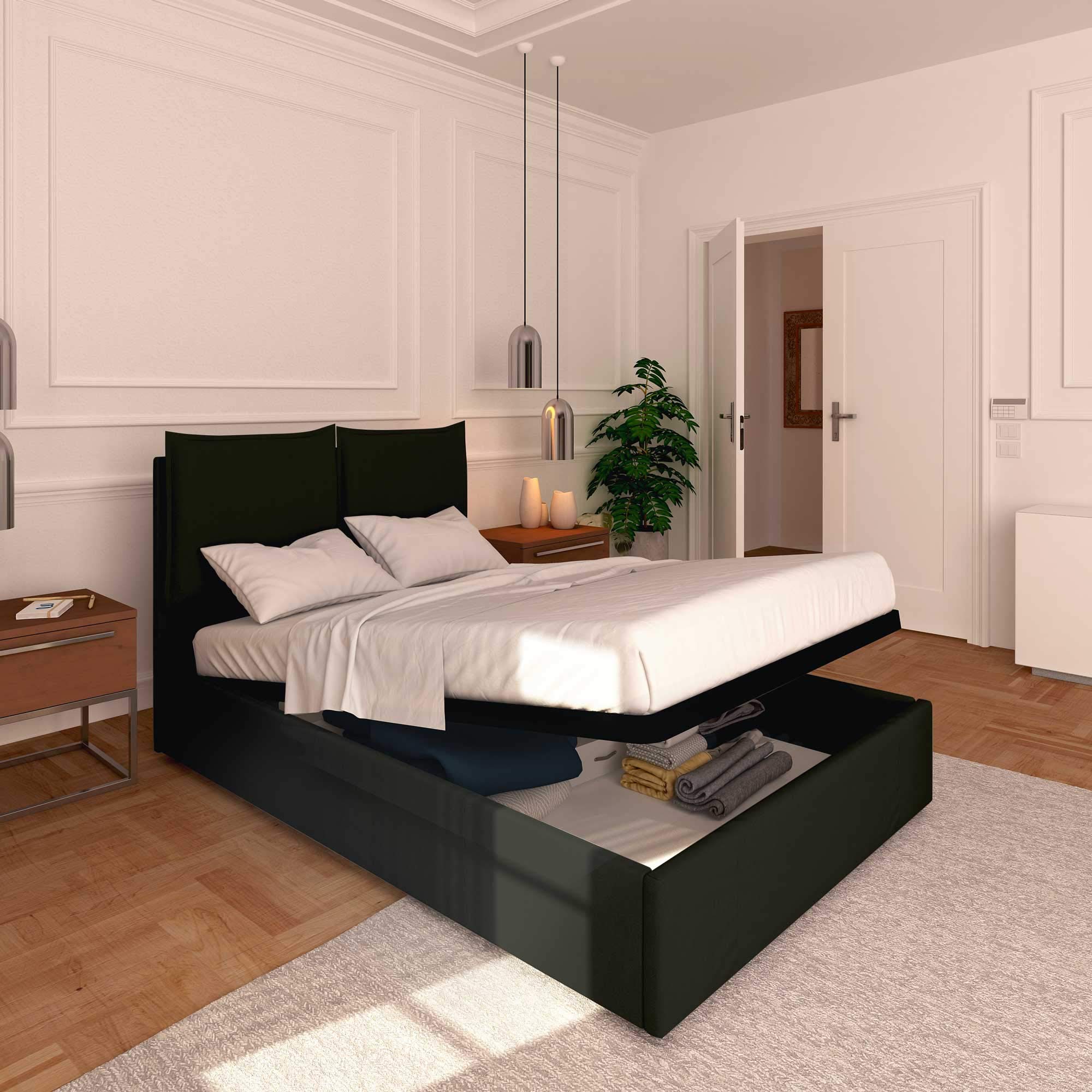 Baldiflex Queen and Twin Size Storage Bed, Licia Model, Faux Leather Upholstery, Slatted Base, for 120 x 190 cm Mattress, Padded Headboard, Black - Perfect for Small Bedrooms and Guest Rooms