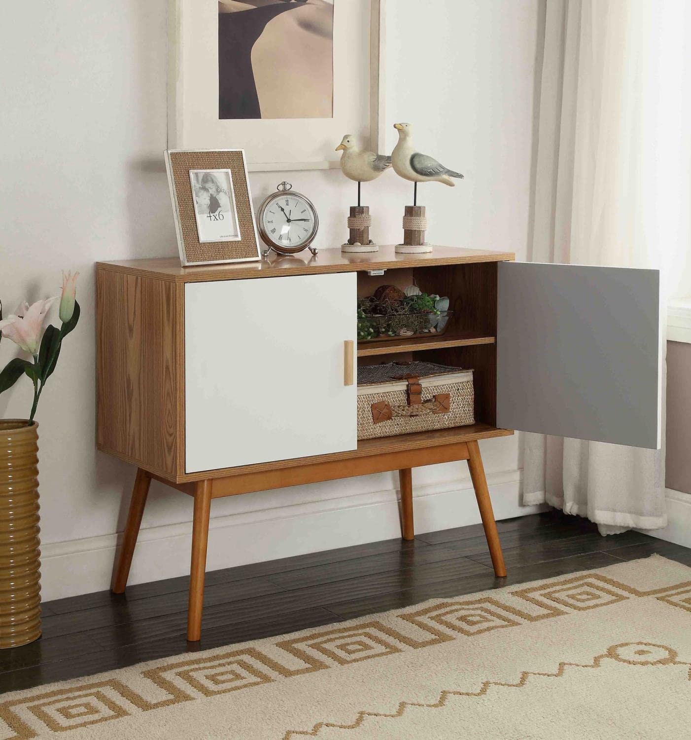 Convenience Concepts Oslo Storage Console - White & Natural Finish, Entryway Table with Shelves for Living Room, Bedroom, or Office Organization