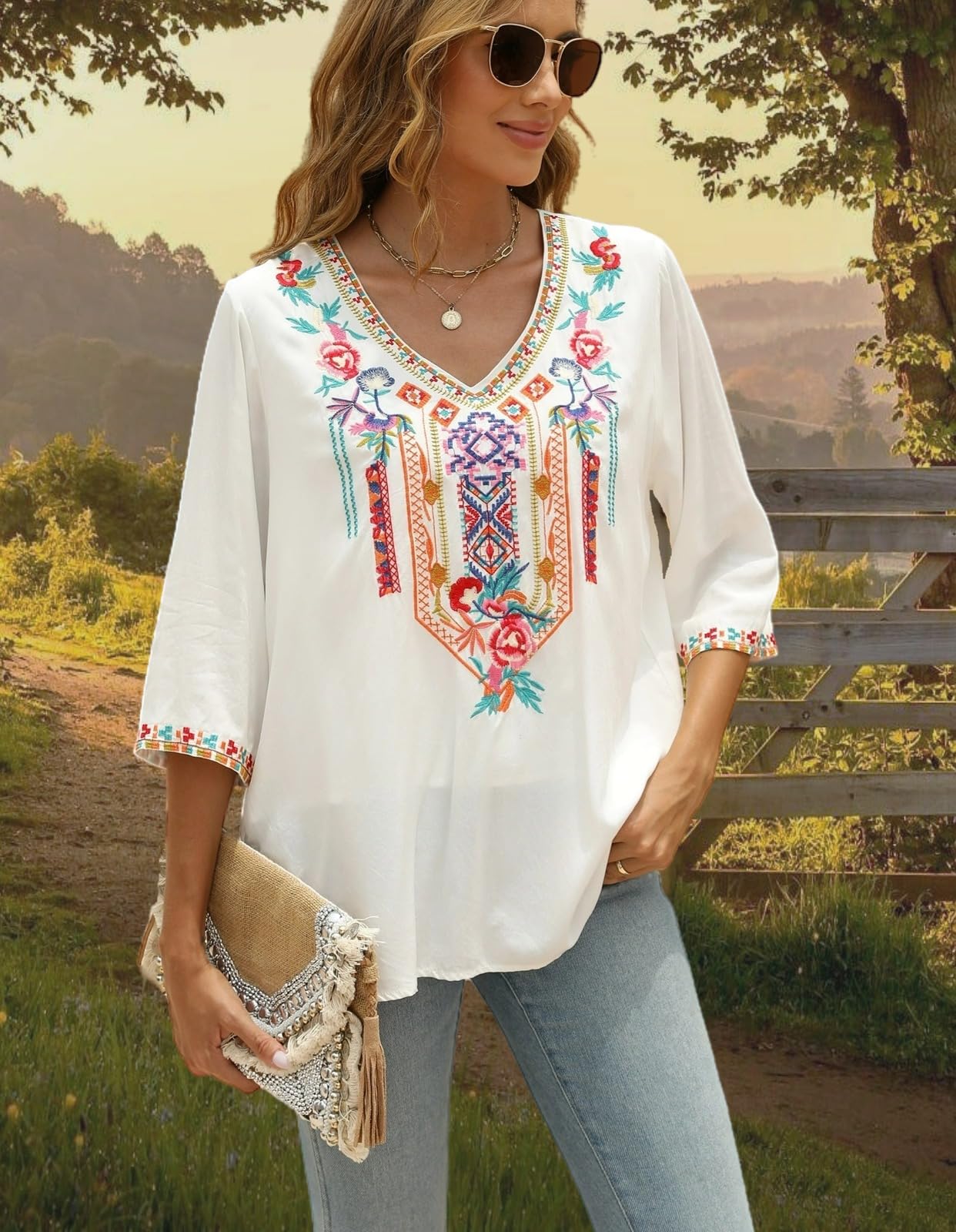 LauraKlein Women's Summer Boho Embroidery Mexican Bohemian Tops - V Neck 3/4 Sleeve Casual Loose Blouse Tunic for Beach, Festival & Vacation Wear