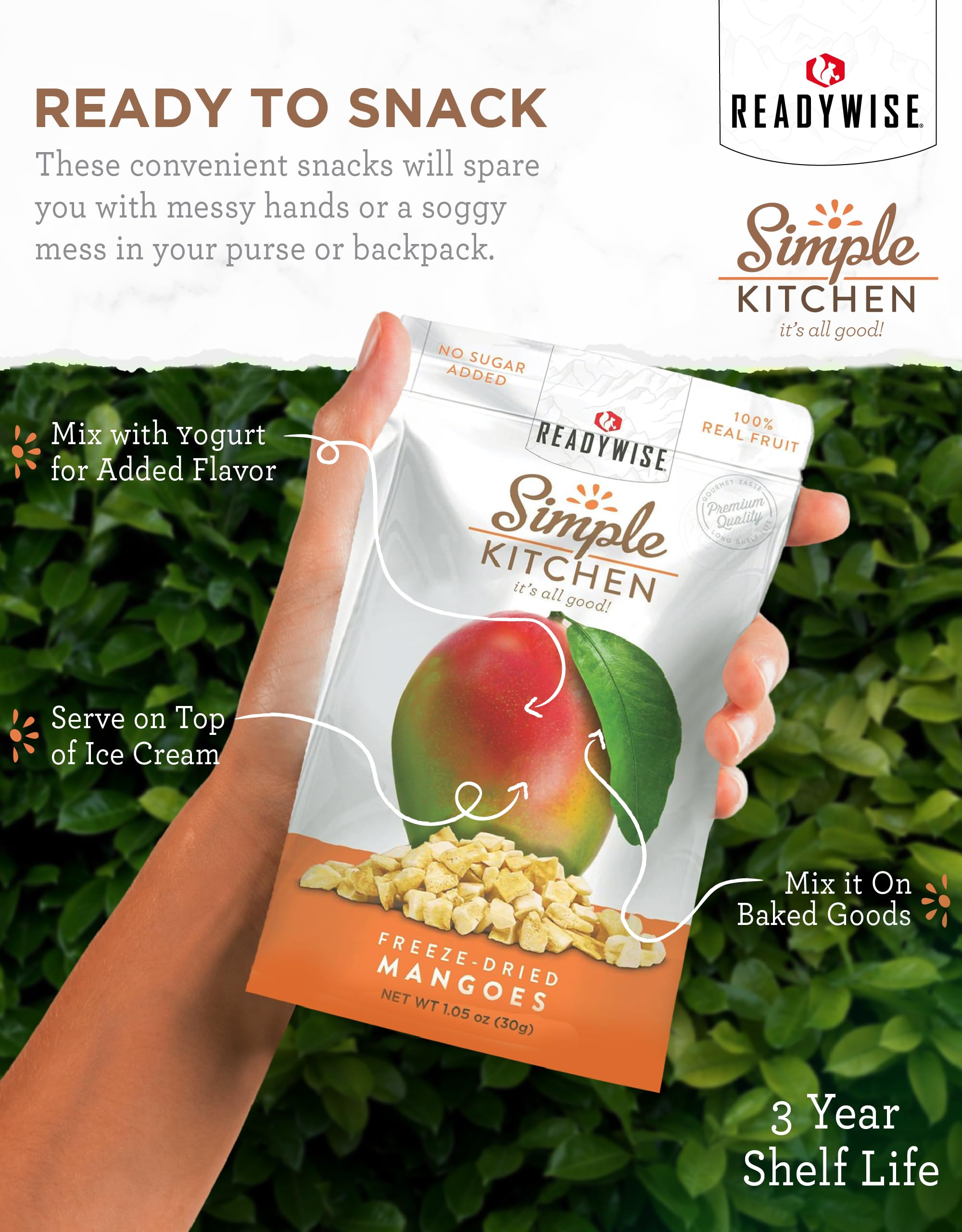 Organic Freeze-Dried Mango Snacks - READYWISE Simple Kitchen | Gluten-Free, Vegan, Non-GMO | 1-Pack Dried Fruit for Pre-Workout, Healthy Eating, Camping, Backpacking & Emergency Survival Food | Perfect for Outdoor Adventures, Office Snacks & Kids Lunchboxes