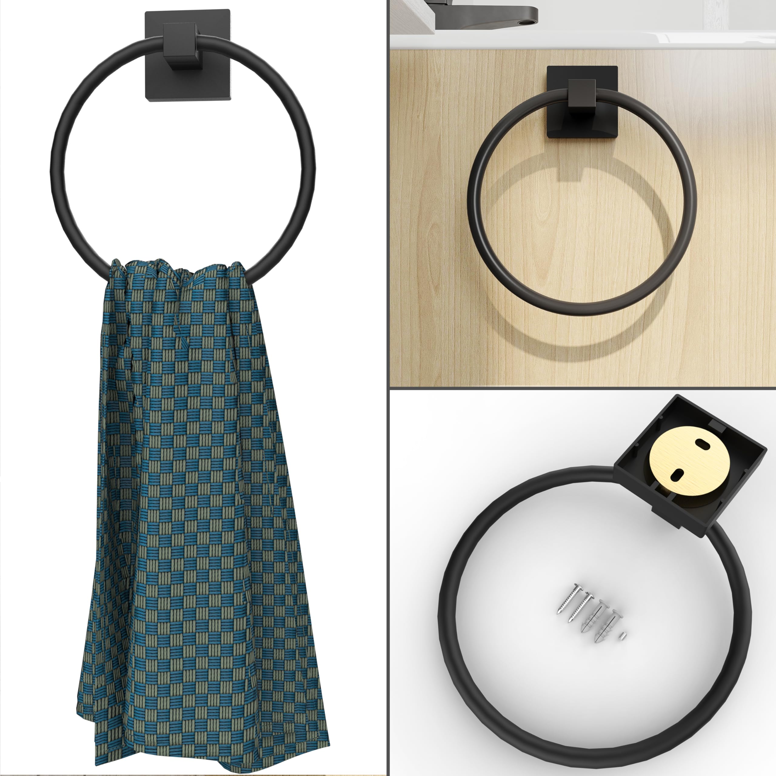 Matte Black Square Base Stainless Steel Towel Ring Holder - Modern Wall Mounted Bathroom Towel Hanger for Hand & Kitchen Towels (Rustproof, Durable) - Perfect for Bathrooms, Kitchens, and Powder Rooms