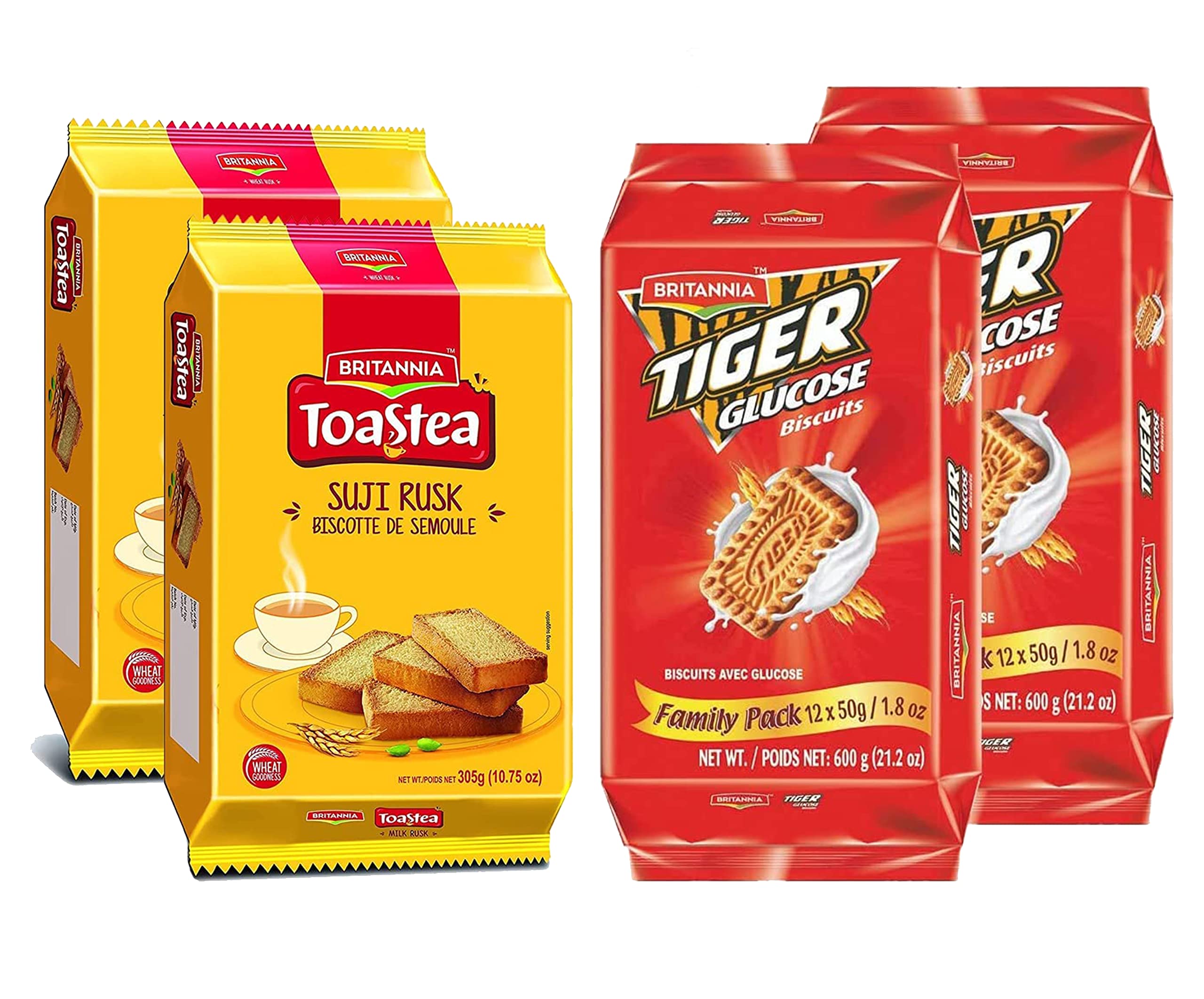 Britannia Wheat Rusk & Tiger Glucose Biscuits Variety Pack - Crunchy Breakfast & Tea Time Snacks - Perfect for Office, School or Travel (Pack of 2)