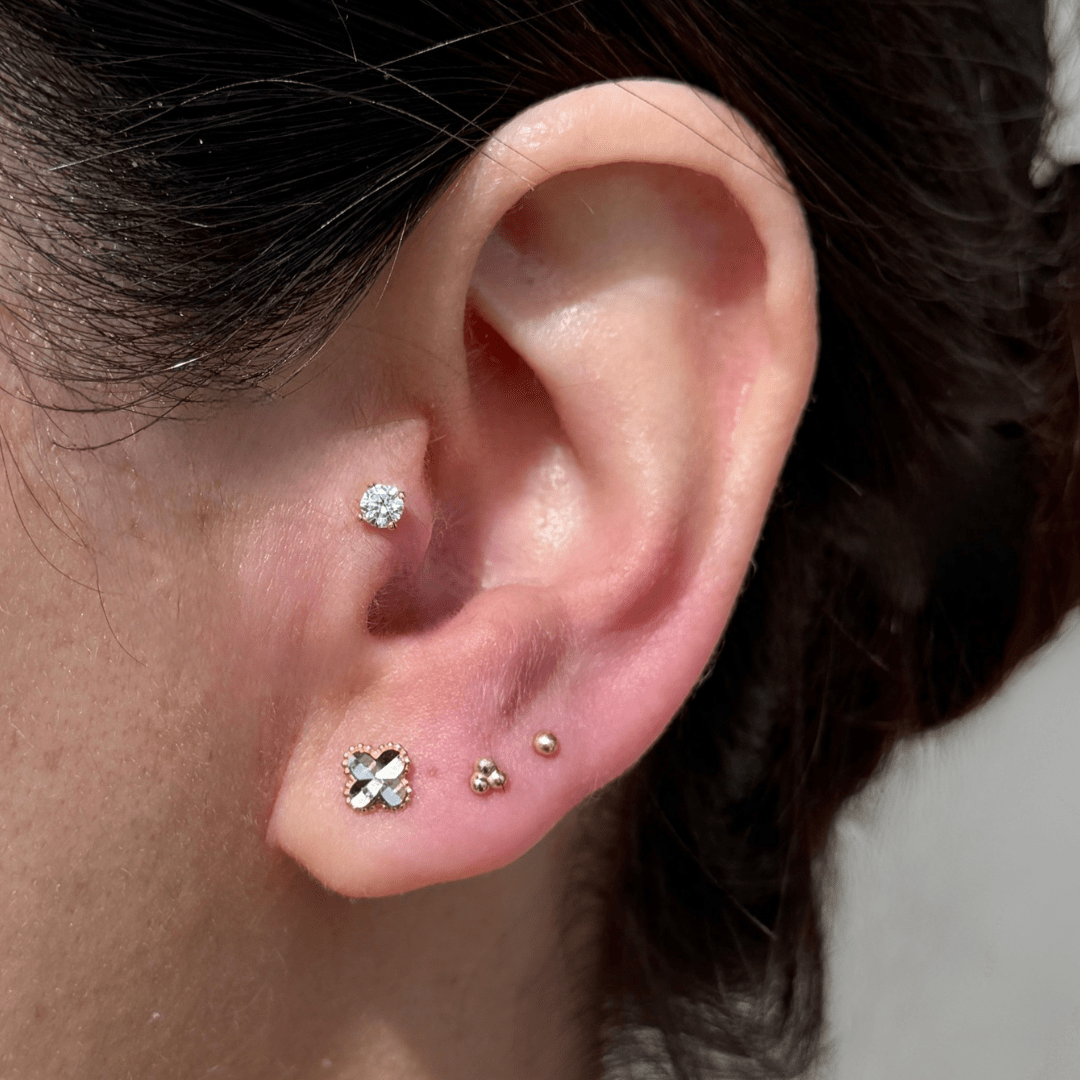14K Yellow Gold Diamond Cut Clover Stud Earrings - Solid Gold Flat Back Post for Women, Perfect for Everyday Wear & Special Occasions