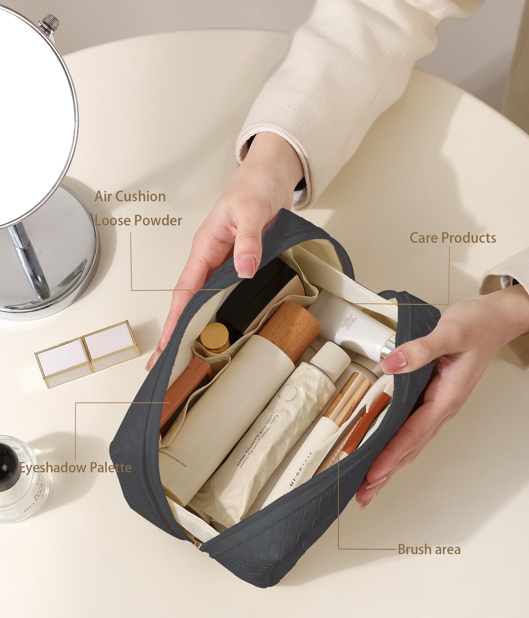 Waterproof Travel Makeup Bag for Women - Small Cosmetic Organizer with Dividers & Zipper - Black Toiletry Bag for Airplane, Gym, Vacation Essentials