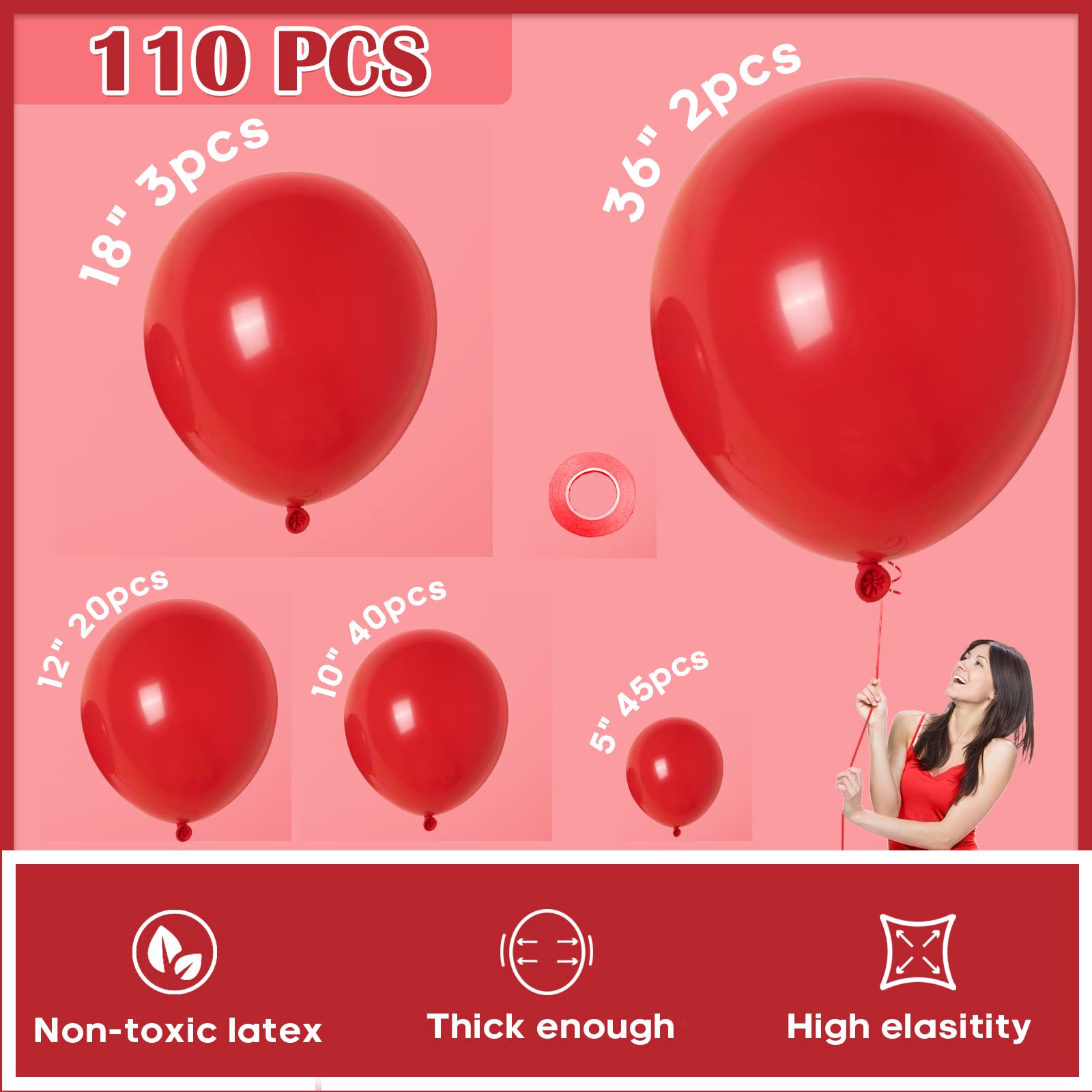 Styirl Red Balloons Arch Kit - 110 pcs 36/18/12/10/5 Inch Latex Party Balloons for Birthday, Christmas, Graduation, Gender Reveal & Baby Shower Decorations | Perfect for Indoor/Outdoor Events, Photo Backdrops & Party Decor