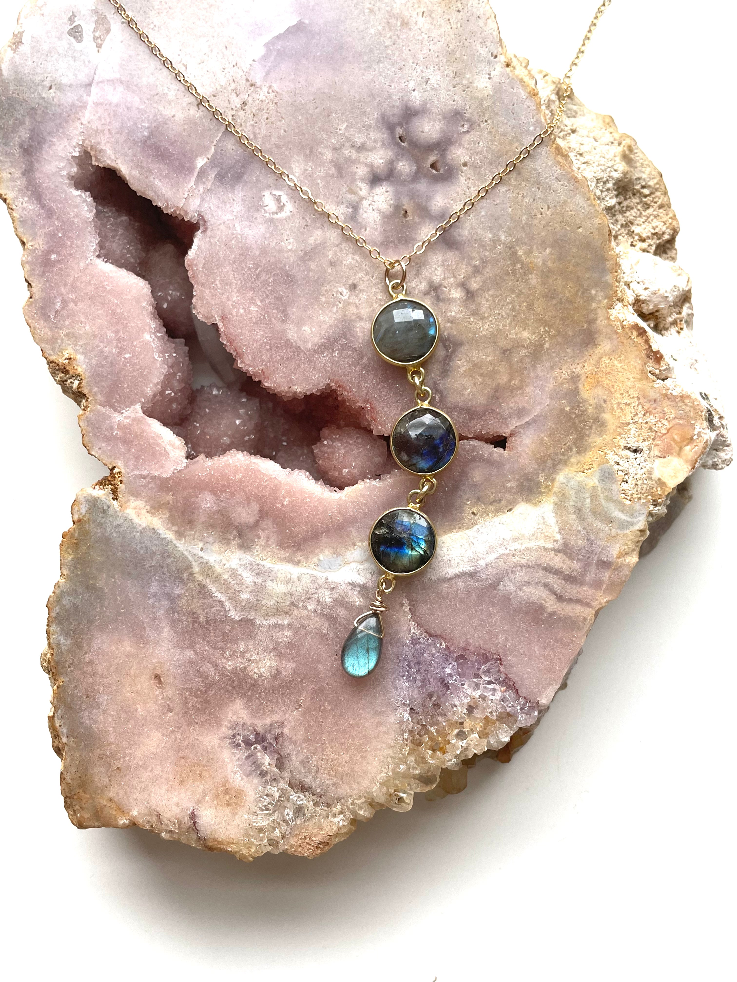 Natural Labradorite Lariat Necklace - 14K Gold or Sterling Silver Pendant - Elegant Crystal Jewelry for Women - Perfect for Weddings, Parties & Everyday Wear