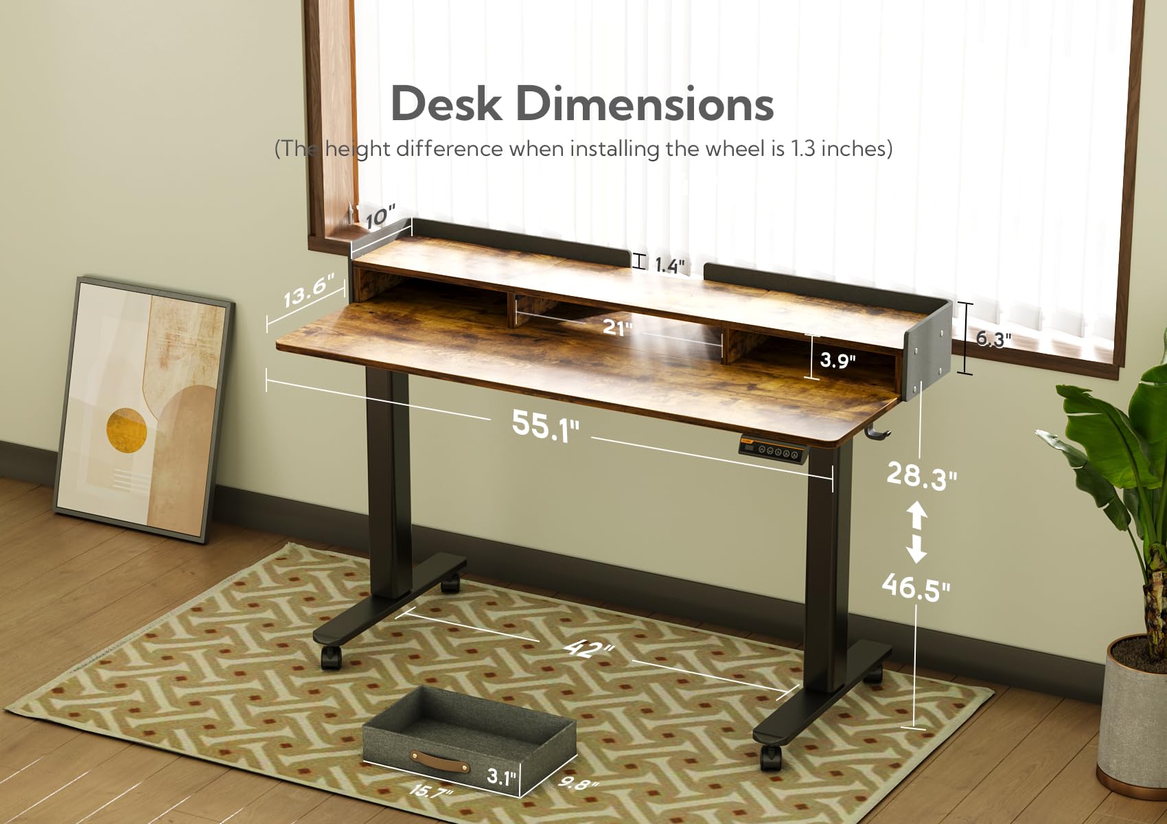Claiks Electric Standing Desk with Drawers - 55 Inch Adjustable Height Sit Stand Desk with Storage Shelf & Splice Board - Rustic Brown Home Office Desk for Work from Home & Ergonomic Workspace