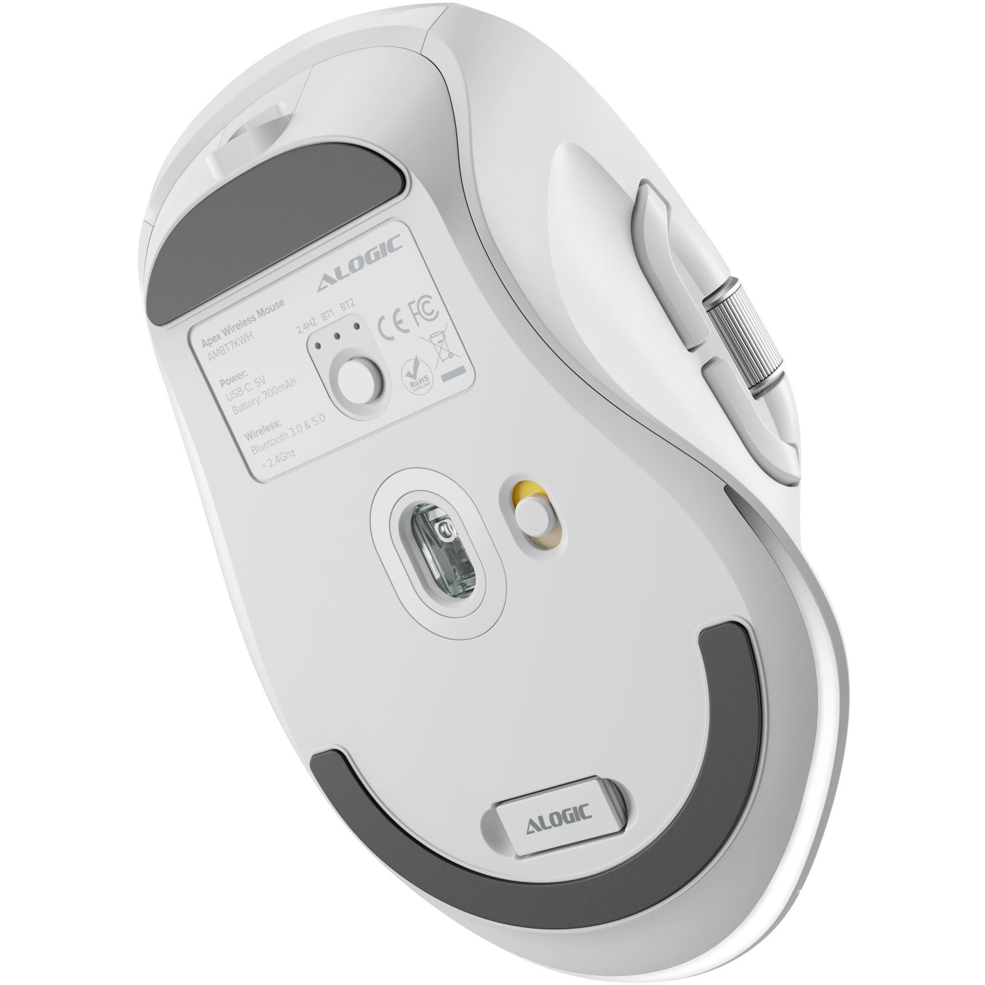 Alogic Apex Wireless Bluetooth Mouse - USB-C Rechargeable, 7 Programmable Buttons, Ergonomic Design for Mac & Windows (White) - Perfect for Office Work, Gaming & Travel