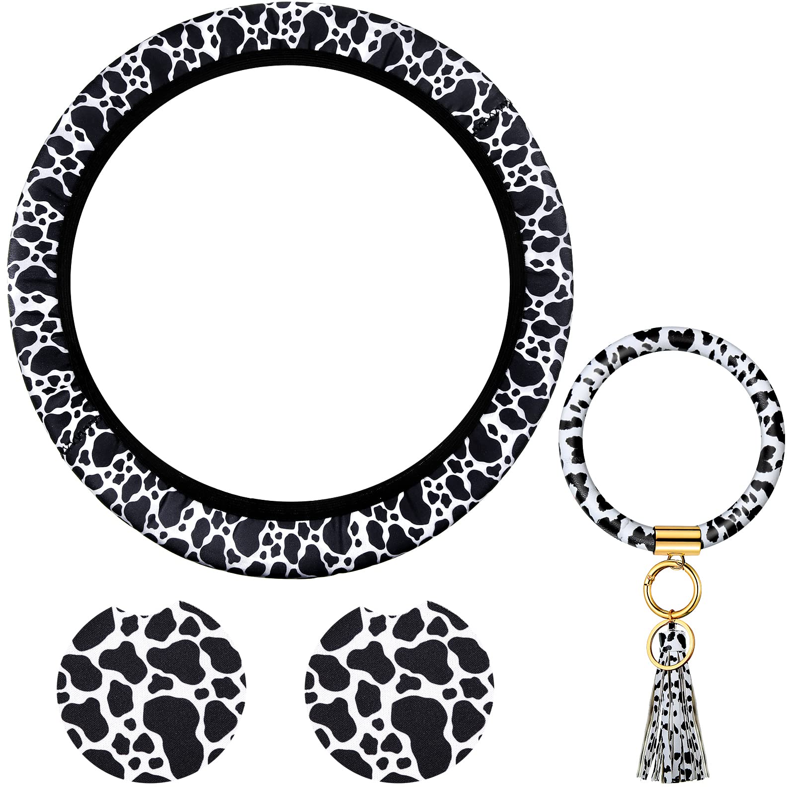 Tatuo 4-Piece Cow Print Car Accessories Set - Universal 14-16 Inch Steering Wheel Cover, Cup Coasters & Keychain Bracelet - Non-Slip Fashion for Men & Women - Perfect for Road Trips & Daily Commutes