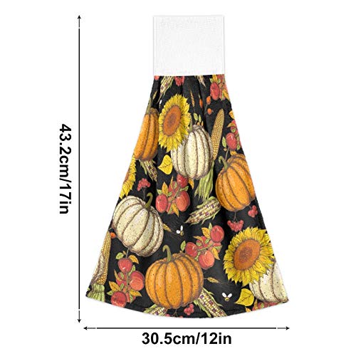 Thanksgiving Pumpkins & Sunflowers Kitchen Hanging Hand Towels - 2 Pack Absorbent Cotton Tie Towels with Loops for Bathroom, Kitchen & Home Decor - Perfect for Fall, Thanksgiving & Autumn Decorations