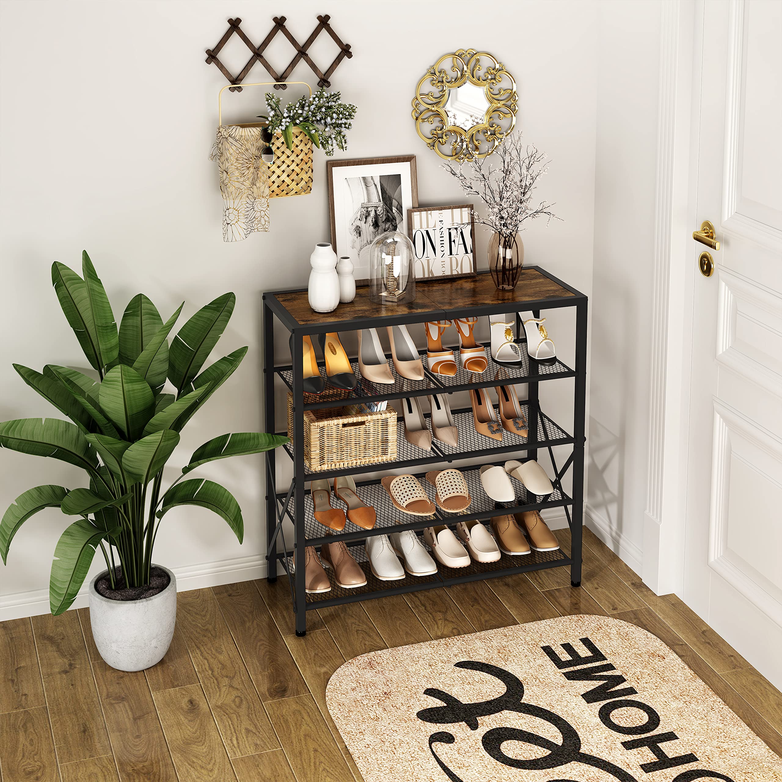 Tajsoon 5-Tier Metal Shoe Rack Organizer - Holds 16-20 Pairs | Industrial Shoe Storage Shelf for Closet, Entryway & Front Door | Sturdy X-Shape Frame in Brown & Black | Perfect for Apartments, Dorm Rooms & Mudroom Organization