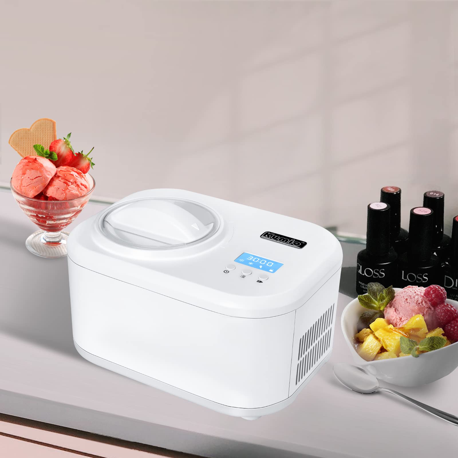 KUMIO 1.2-Quart Automatic Ice Cream Maker with Compressor - No Pre-Freezing Needed, 4 Modes for Frozen Yogurt, Sorbet & Gelato with LCD Display & Timer | Keep Cool Function | Perfect for Home Kitchen, Parties & Dessert Shops