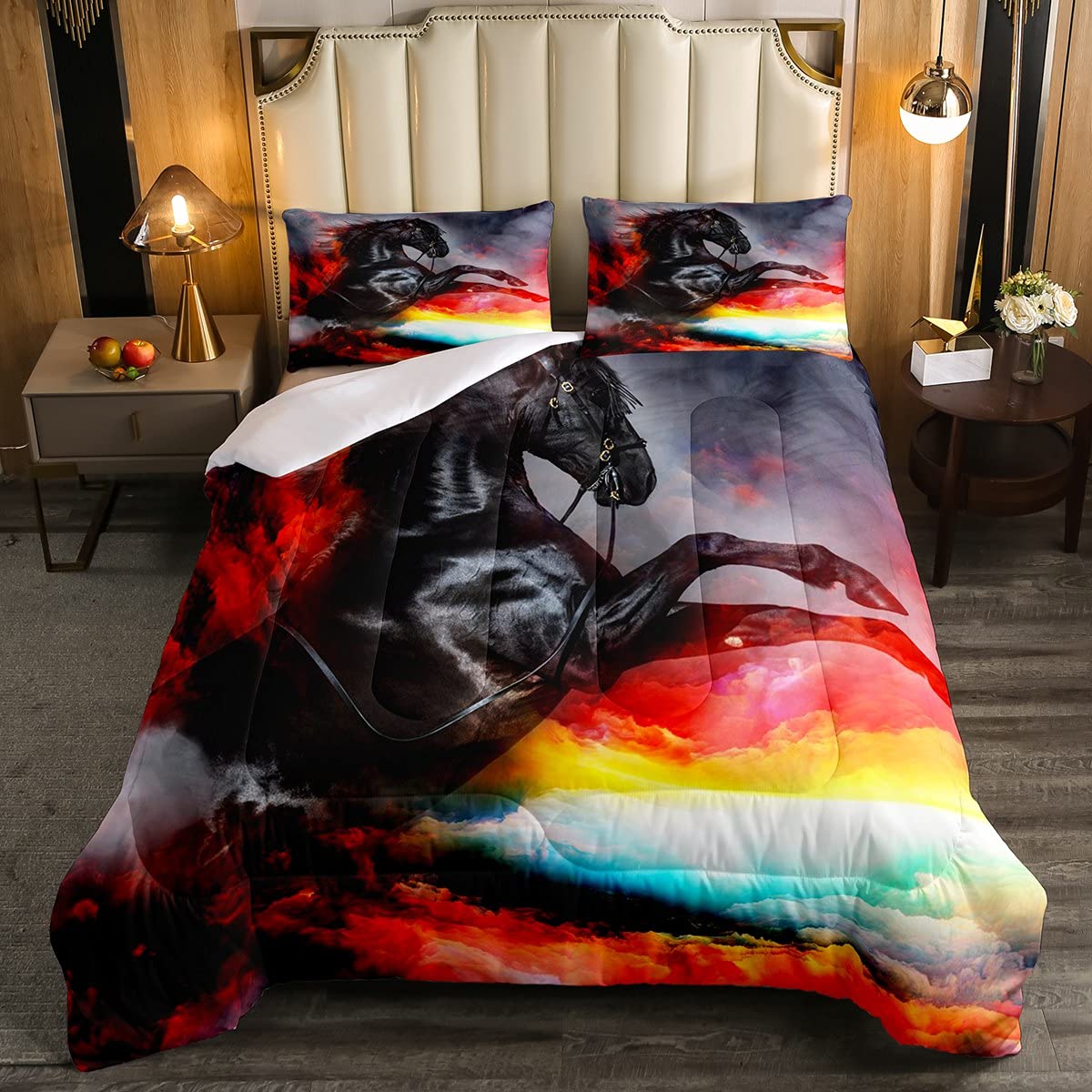 Western Cowboy Comforter Set - Black Horse & Colorful Clouds Design, Exotic Animal Print Down Comforter for Kids, Boys & Adults | Farmhouse Rustic Duvet Insert with 1 Comforter & 2 Pillowcases (Full Size) | Perfect for Western-Themed Bedrooms, Ranch Decor & Cowboy Lovers