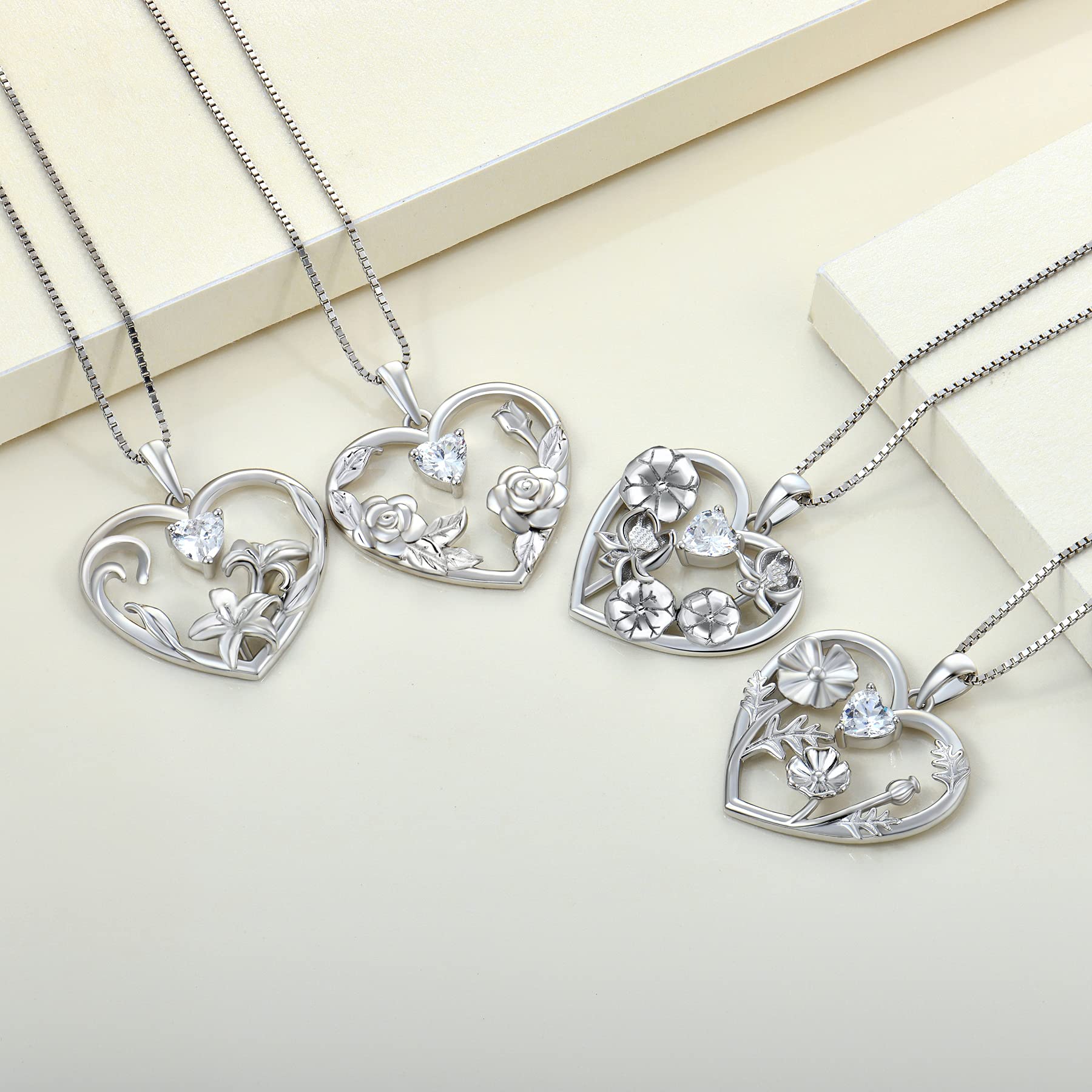YL Women's Birth Flower Necklace - 925 Sterling Silver Heart Pendant with Gemstone Charm - Personalized Birthstone Jewelry Gift for Mom, Wife, Daughter | Perfect for Birthday, Anniversary & Valentine's Day