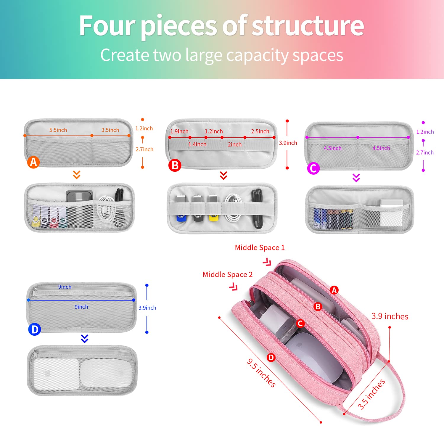 HESTECH Waterproof Double Layer Electronics Organizer Bag - Portable Travel Charger Case for Cables, Mouse, Earbuds, USB Drives (Salmon, Medium) - Perfect for Office, Travel & Home Organization