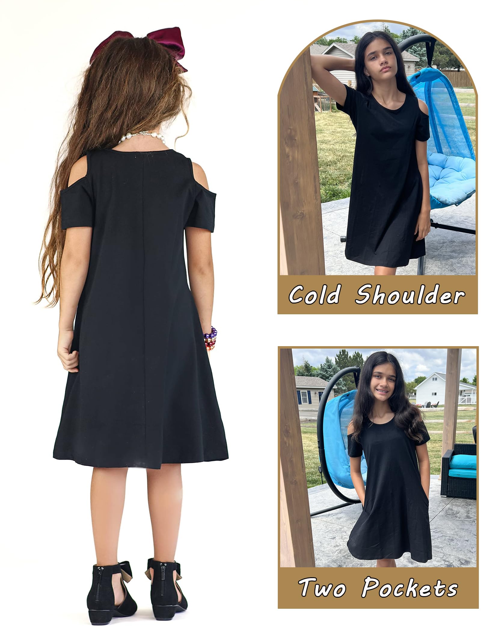 Arshiner Girls Summer Dress - Short Sleeve Cold Shoulder Solid Color Swing Casual Dress with Pockets | Perfect for Beach, Party & Everyday Wear