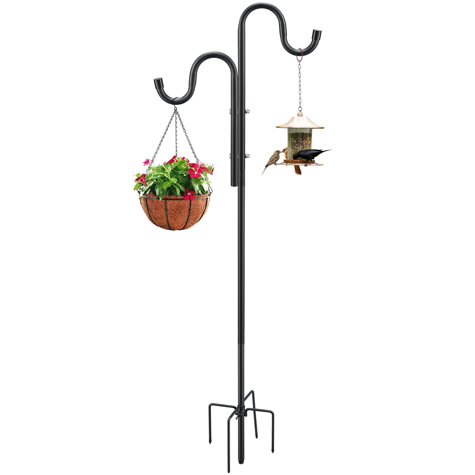 92-inch Heavy Duty Stainless Steel Double Shepherd Hooks for Outdoor Bird Feeders - 5-Prong Base for Wind Chimes, Solar Lights & Wedding Decor | Perfect for Garden, Patio & Backyard Decoration