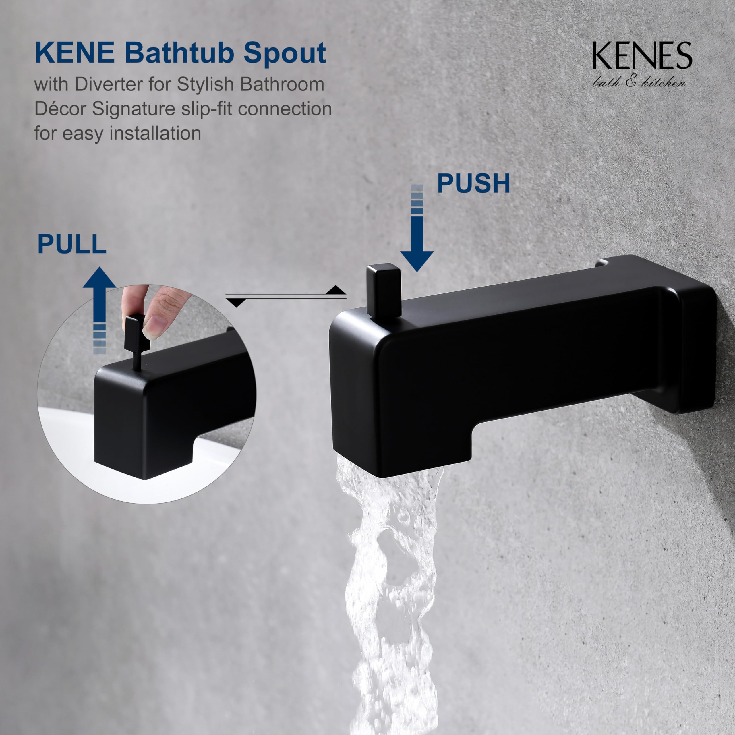 Kenes Modern Matte Black Shower Faucet Set - Single-Spray Square Stainless Steel Rain Shower Head with Tub & Shower Trim Kit (Valve Included) KE-6025A-2 - Perfect for Bathroom Renovation & Luxury Spa Experience