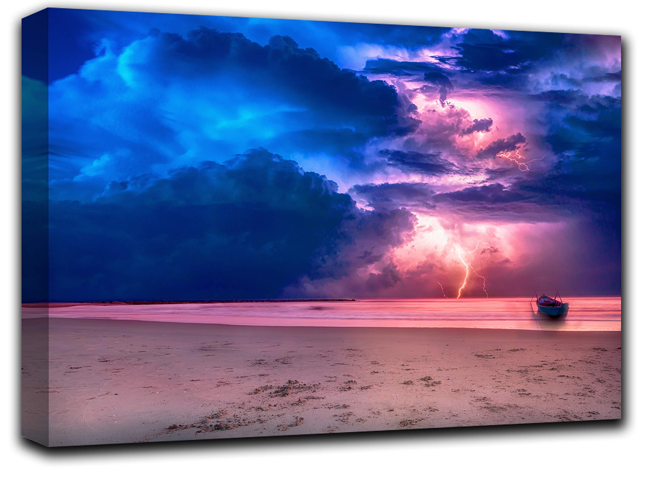 Beach Sky Lightning Wall Art Canvas Print - Modern Boat Painting Poster for Living Room & Bedroom Decor - 33x50 Inches Creative Theme Wall Decoration Set - Perfect for Home, Office & Coastal Style Spaces