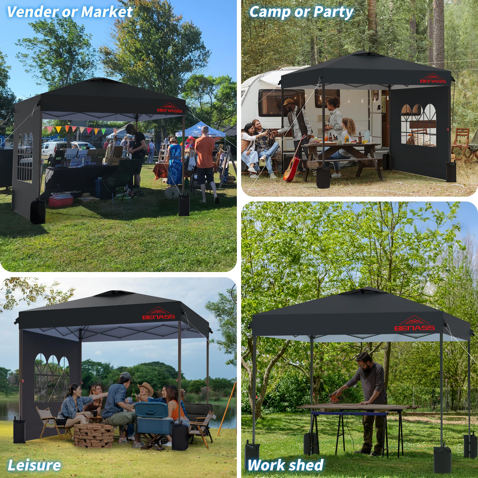 10x10 Pop Up Canopy Tent with Removable Sidewalls - Heavy Duty Instant Shelter for Outdoor Events, Parties, Camping & Backyard Gatherings - Easy One-Person Setup in Black