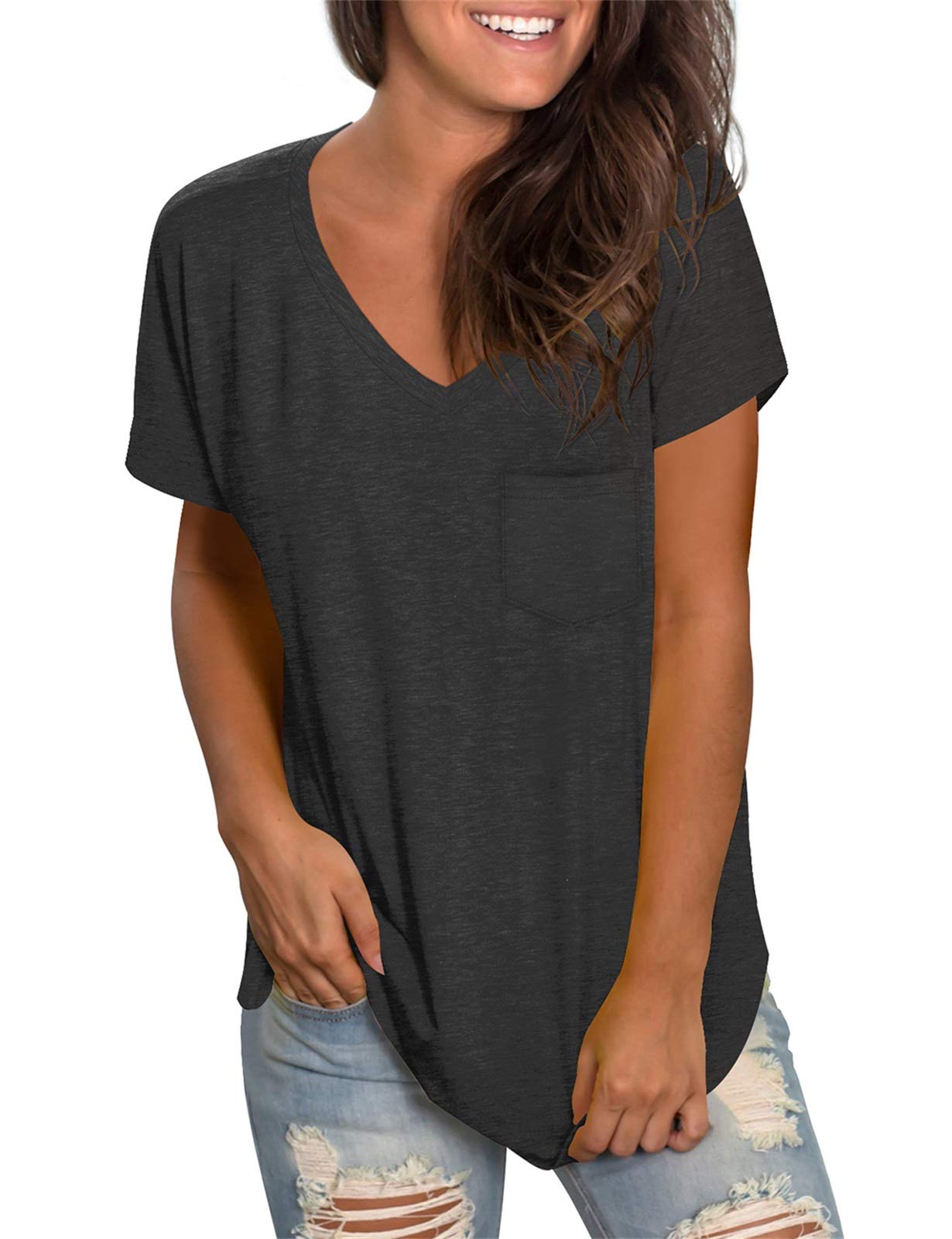 WEESO Women's V-Neck Short Sleeve T-Shirt with Pocket - Drop Tail Hem Relaxed Fit Casual Tee for Summer Outfits, Travel & Everyday Wear