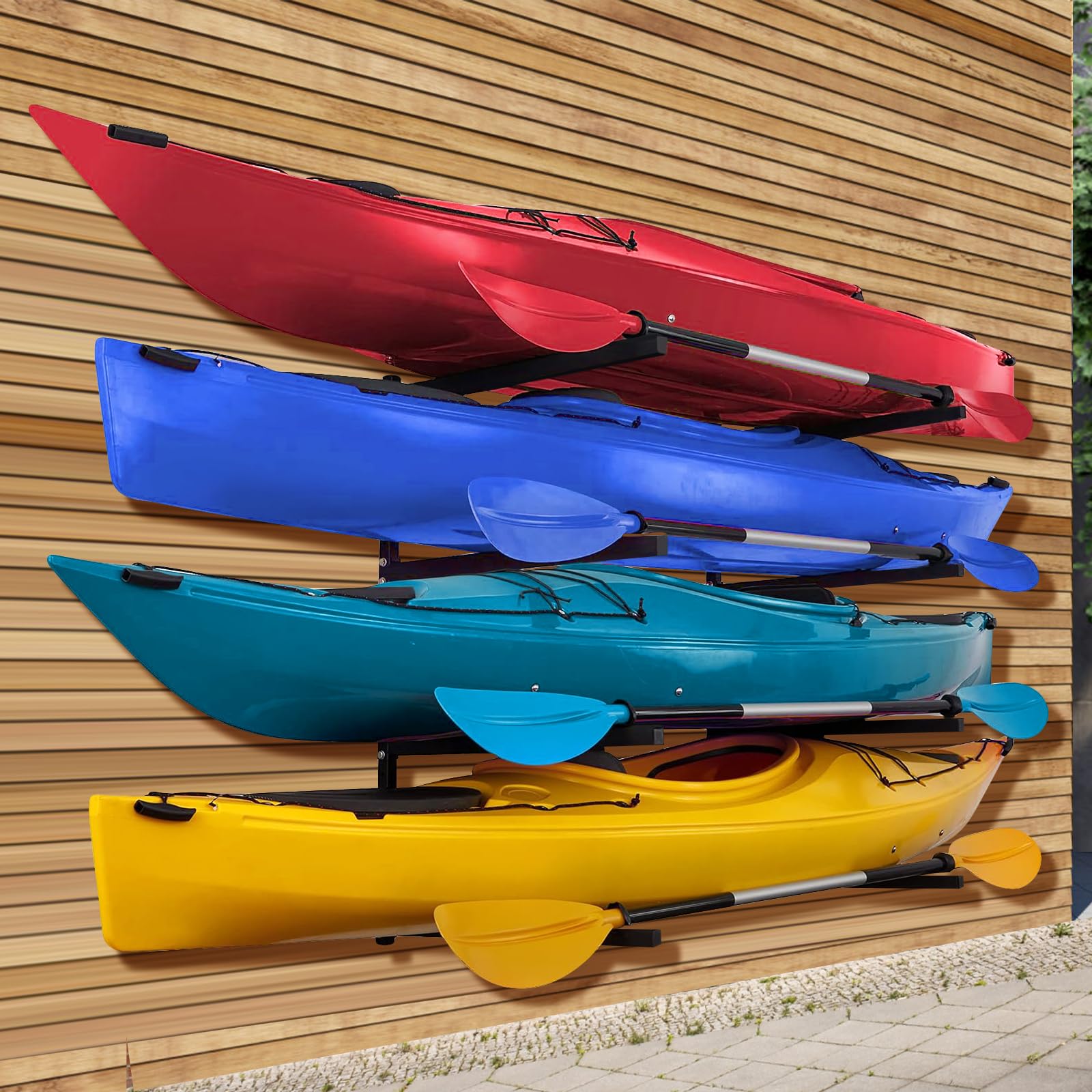 **Heavy Duty Kayak Storage Rack for 4 Kayaks - Wall Mounted Garage & Outdoor Organizer for Kayak, Canoe, Surfboard & Paddleboard - Perfect for Backyard, Shed, or Dock Storage**