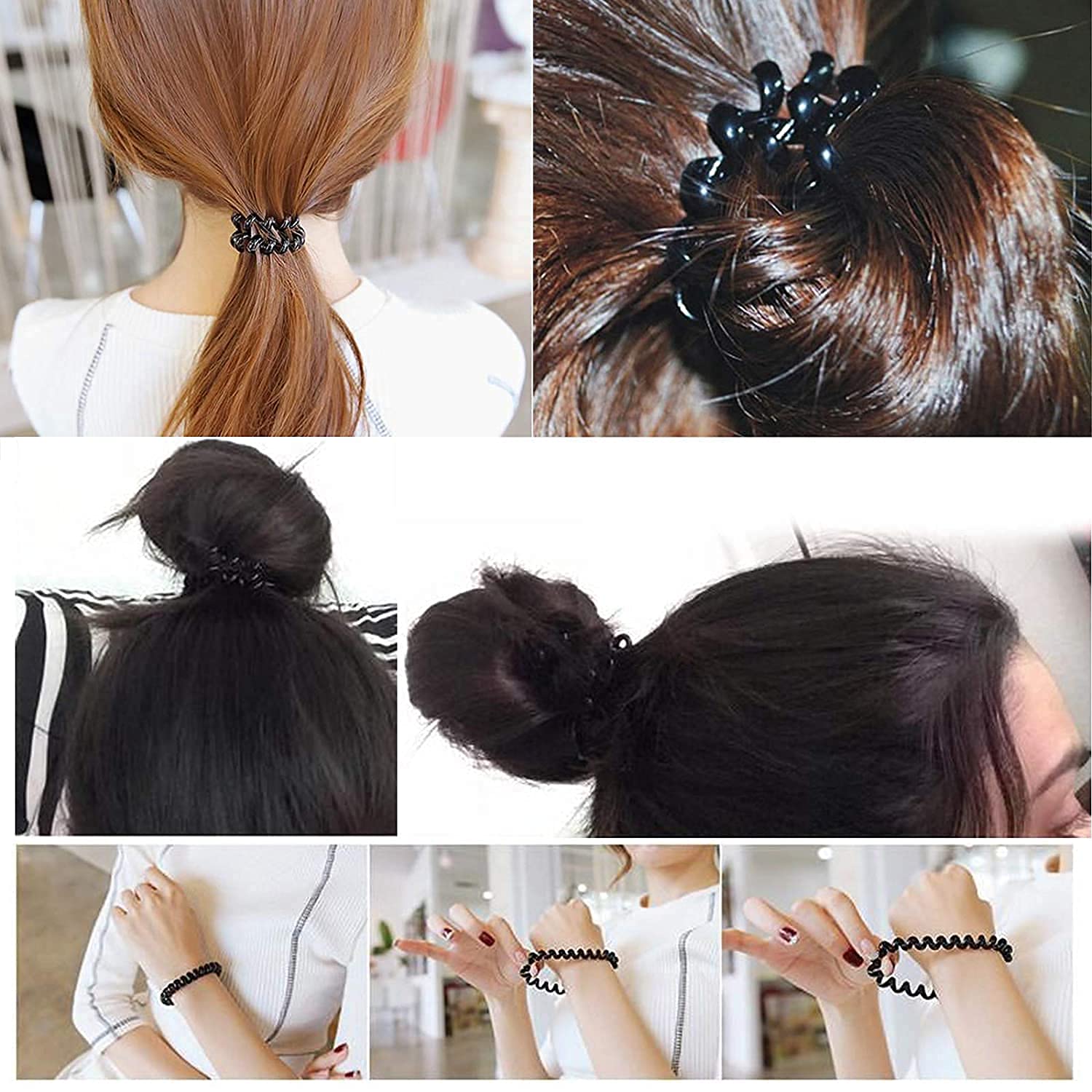 EPARTY 6-Pack Black Spiral Hair Ties - No Crease Traceless Elastic Coil Hair Bands | Phone Cord Style Waterproof Hair Coils for Women & Girls (Black) - Perfect for Workouts, Yoga, Swimming & Everyday Hairstyles