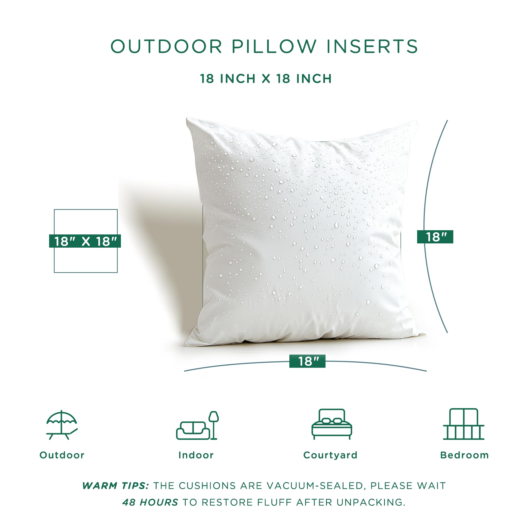Premium 18x18 Inch Waterproof Outdoor Pillow Inserts Set of 4 - All-Weather Throw Pillows for Patio Furniture, Garden Chairs, Poolside Loungers & Deck Decor