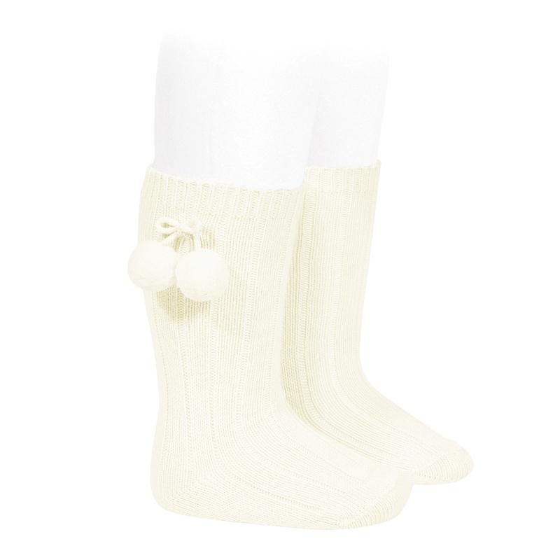 Warm Cream Knee High Pom Pom Socks for Women - Cozy Winter Knit Socks with Cute Fur Balls - Perfect for Cold Weather, Christmas Gifts & Home Lounging