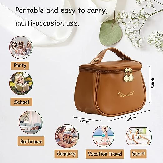 BLAGO PU Leather Makeup Storage Bag - Portable Cosmetic Organizer for Travel, Multifunctional Vanity Pouch with Brush Holder | Perfect for Women's Toiletries, Makeup Brushes & Travel Essentials (Ideal for Vacation, Gym & Daily Use)