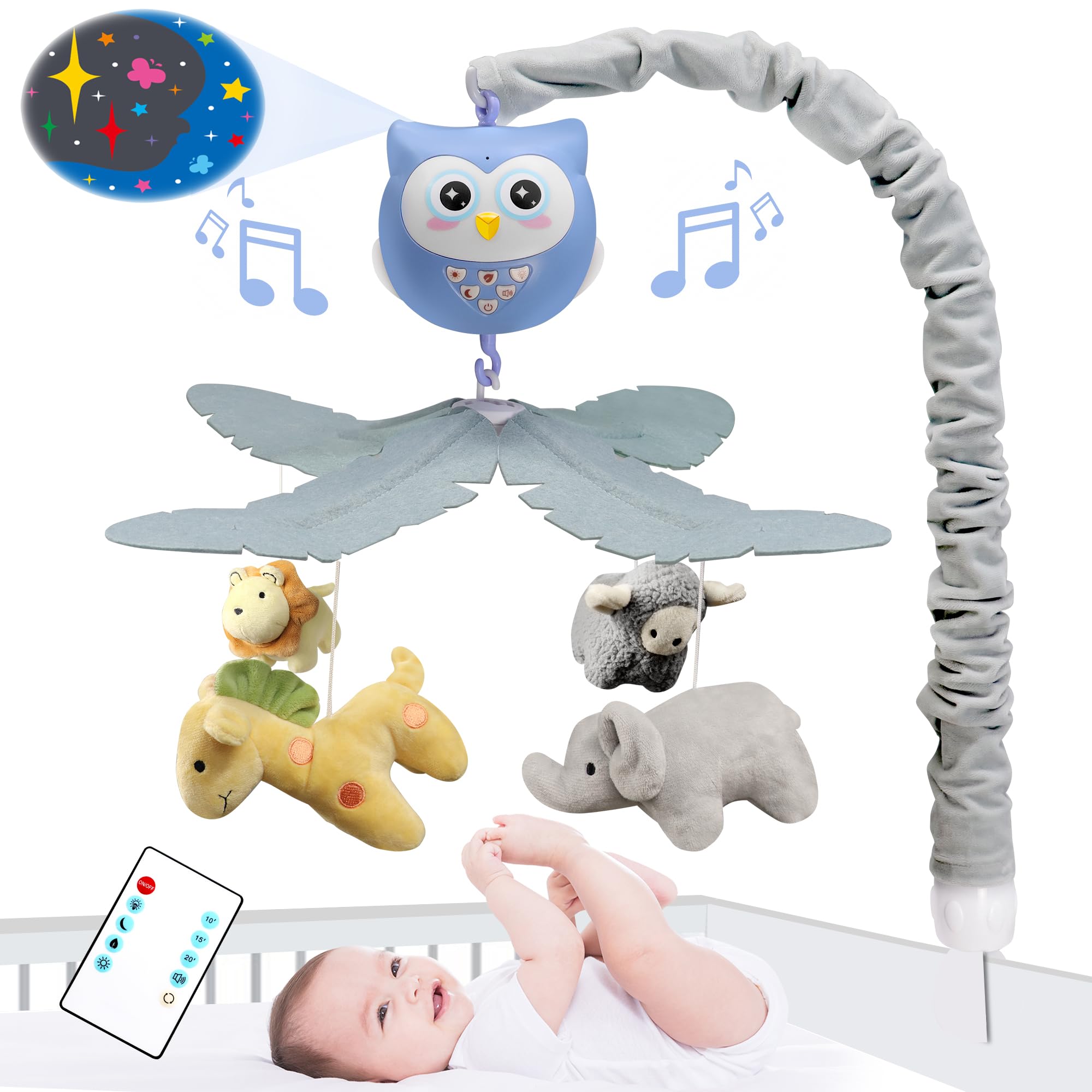 Baby Crib Mobile with Music & Lights - Musical Animal Mobile for Boys & Girls - Portable Hanging Crib Toy for Bassinet & Pack n Play - Perfect for Nursery Decor & Soothing Newborns to Sleep