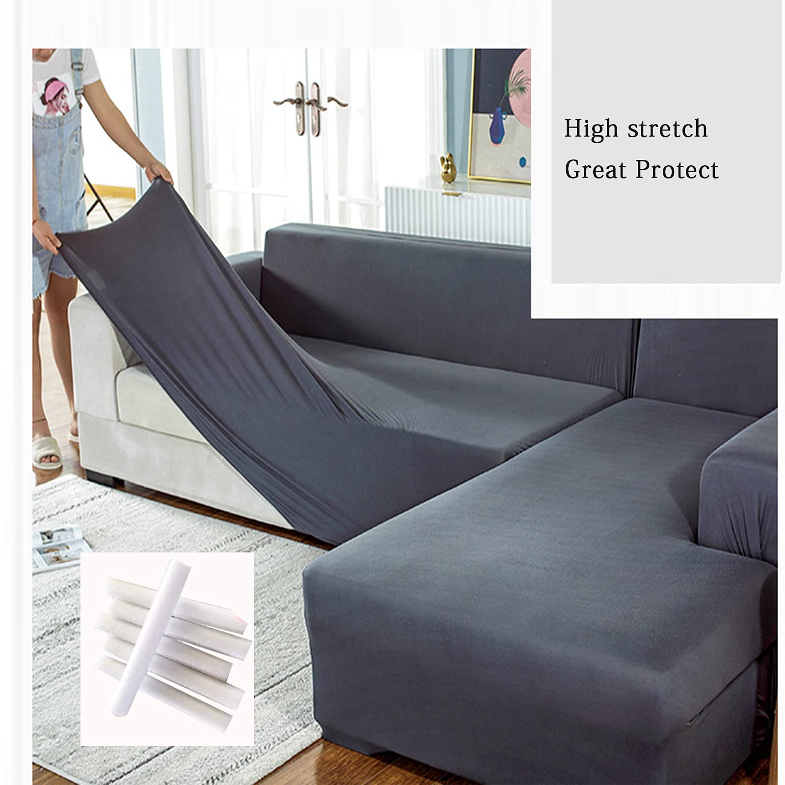 Stretchable L-Shaped Sectional Sofa Cover for 2/3/4 Seat Couches - Anti-Slip Furniture Protector & Sofa Slipcover (Black, 3+4 Seat) - Perfect for Living Room, Family Room & Home Theater Comfort