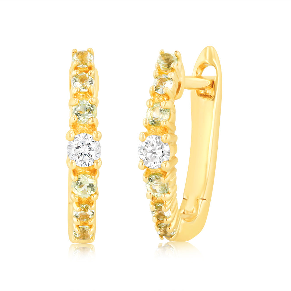 0.15 Carat Peridot and Diamond Hoop Earrings in 9ct Yellow Gold - Elegant Dangle Earrings for Women, Perfect for Weddings, Parties & Everyday Wear