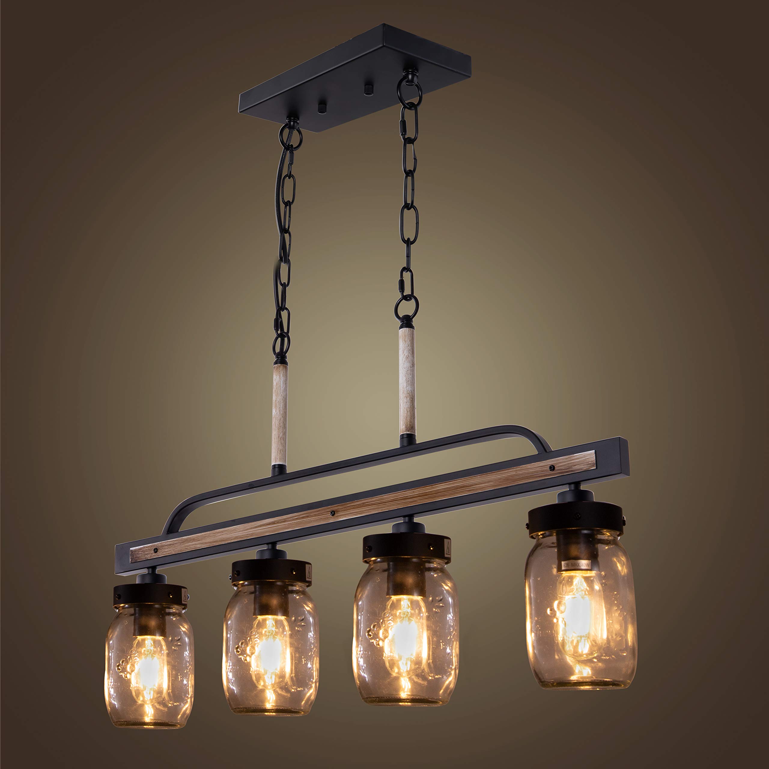 Wellmet Farmhouse Dining Room Chandelier - Black Mason Jar Pendant Light with Faux Wood & Glass Shade | Rustic Linear Cluster Hanging Fixture for Kitchen Island, Dining Table, Restaurant, Cafe & Country Home Decor