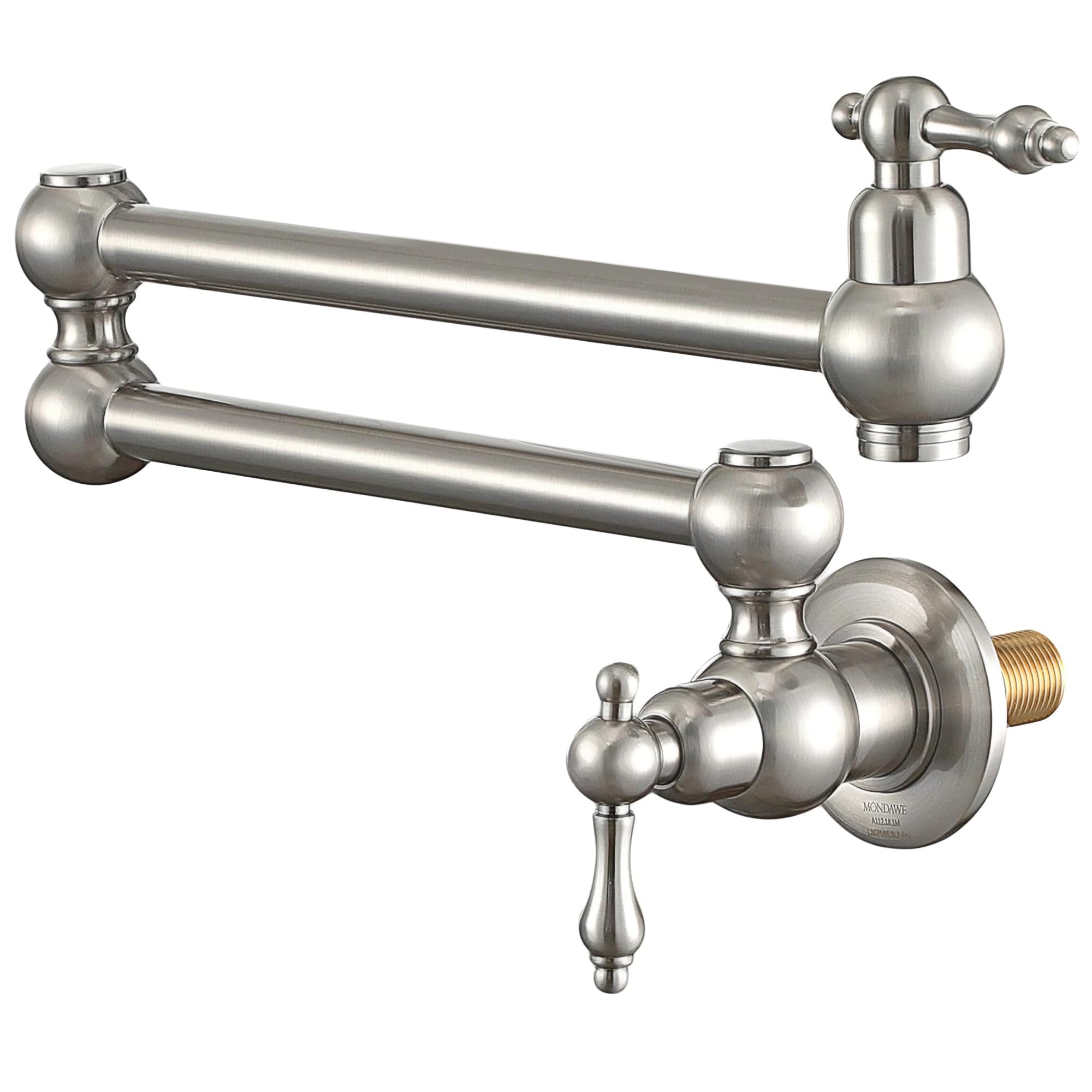 MONDAWE Brushed Nickel Wall Mount Pot Filler Faucet - Double Handle Brass Folding Pasta Faucet with 360° Rotation & 1.8 GPM Flow - Perfect for Kitchen Stove, Cooking Pasta, Filling Large Pots & Soup Making
