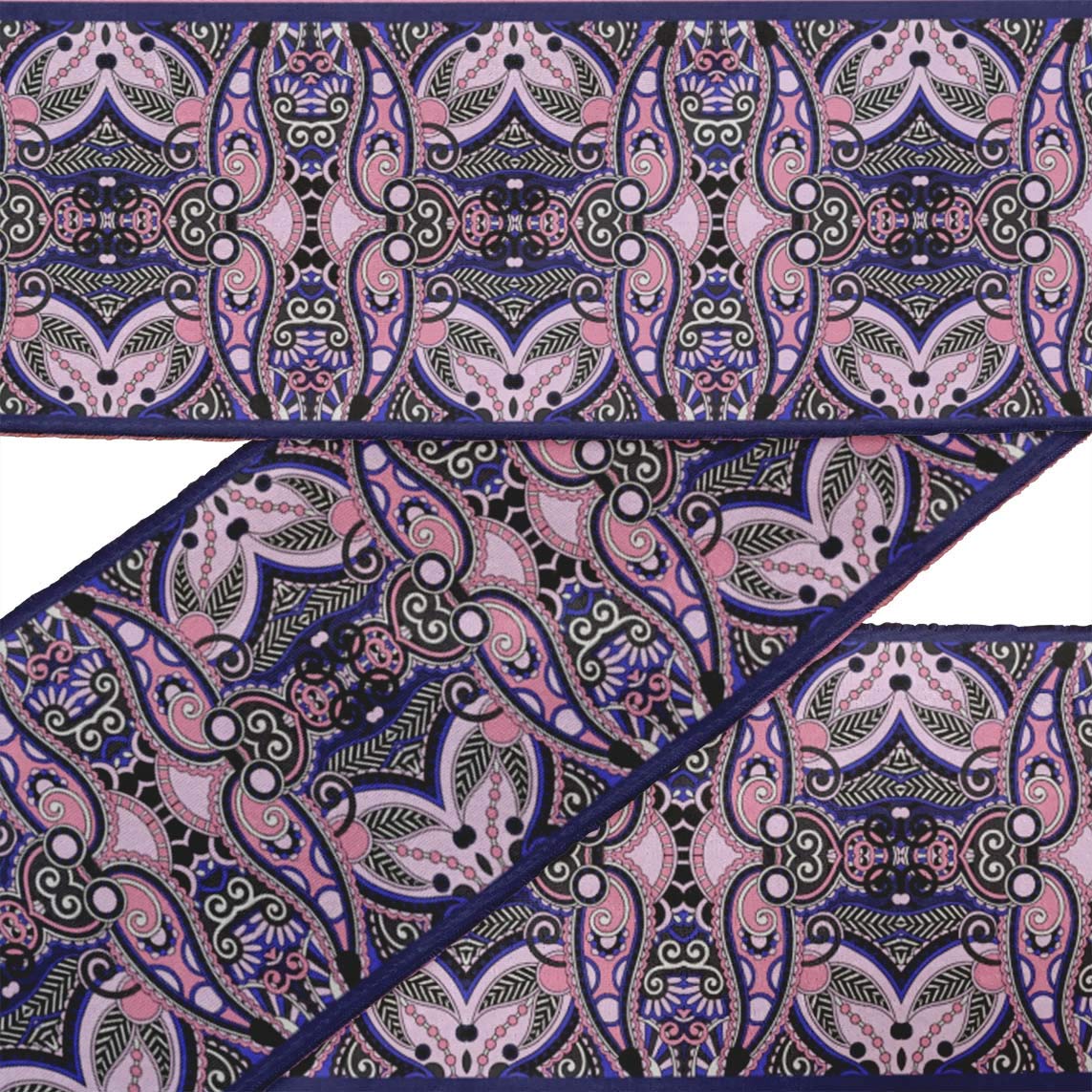 Indian Beautiful Art Pink Stripe & Paisley Printed Velvet Ribbon Trim - 9 Yards, 3 Inches Wide - Premium Fabric Lace for Sewing, Crafts, DIY Accessories - Perfect for Gift Wrapping, Home Decor, and Fashion Embellishments