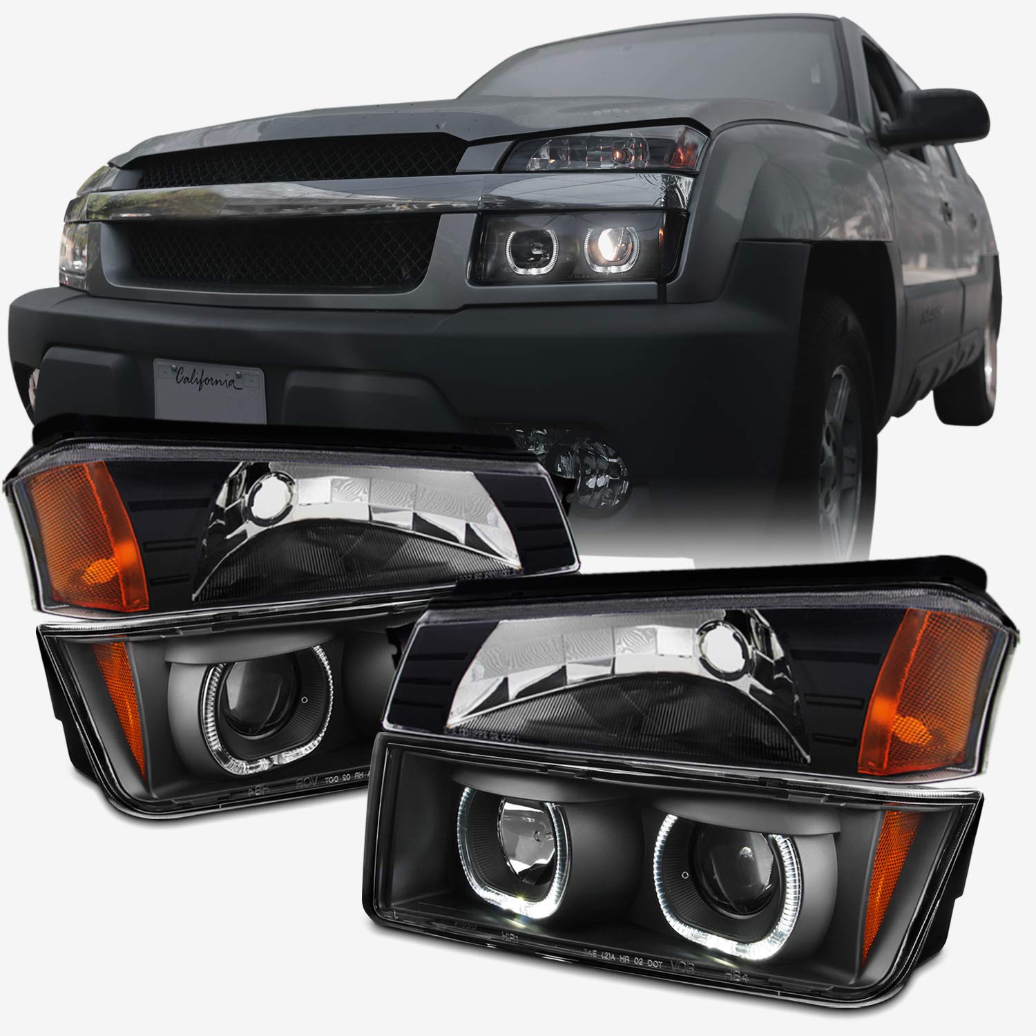 AKKON 4-Piece LED Headlight Kit for 2002-2006 Chevy Avalanche - Dual Halo Projector Headlights & Bumper Corner Lights | Improved Night Visibility & Stylish Upgrade for Off-Roading, City Driving & Custom Truck Mods