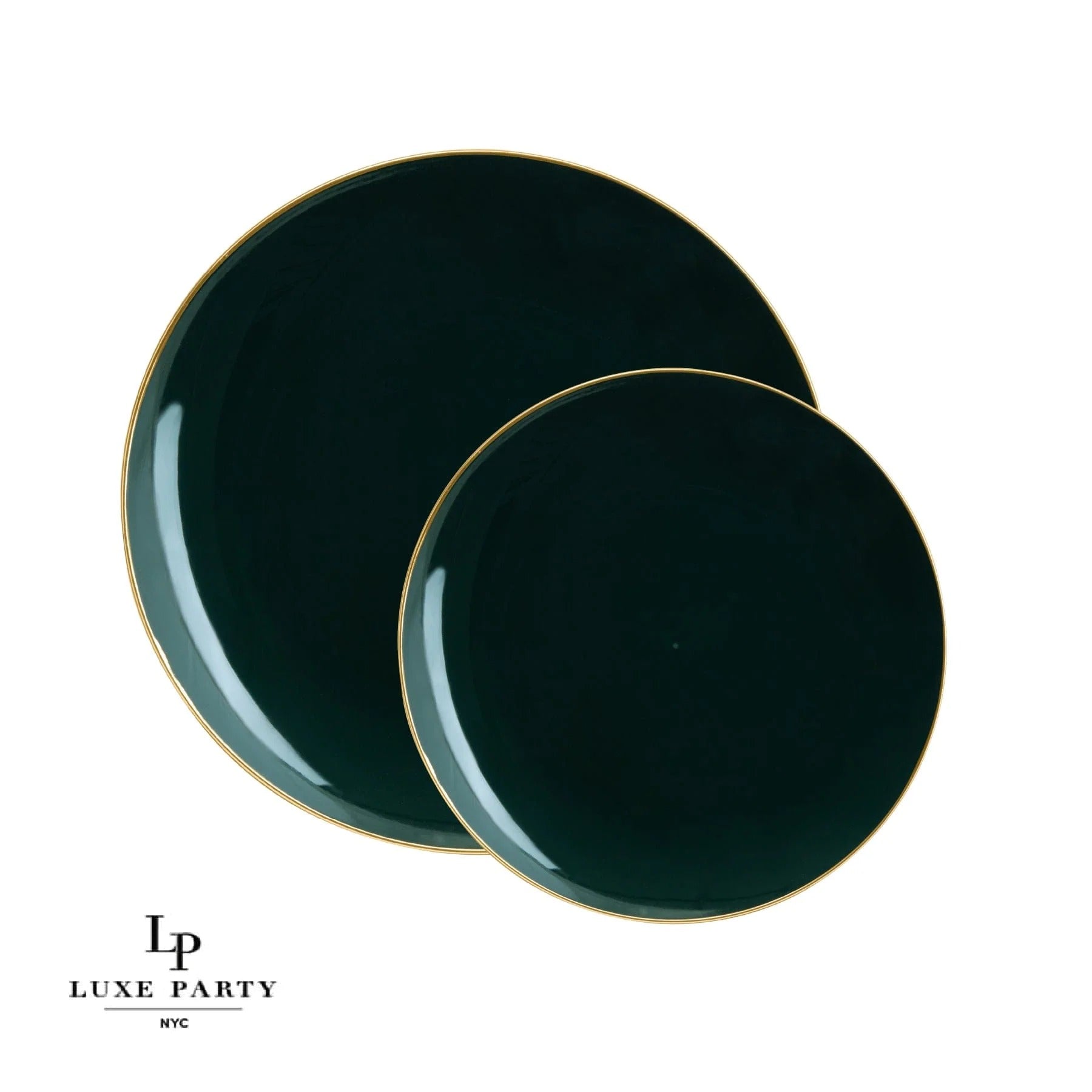 Emerald Green and Gold Rim Round Plastic Plates - Eco-Friendly Disposable Dinnerware for Parties, Picnics & Events