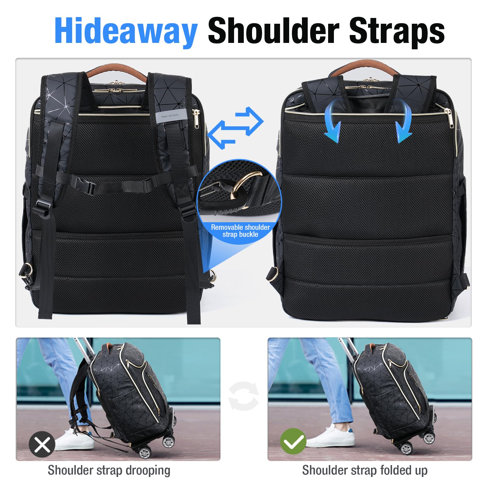 Lekebobor 18 Inch Waterproof Rolling Backpack with 360° Wheels - Airline Approved Convertible Travel Backpack for Men & Women - Fits 15.6 Inch Laptop - Perfect for Business Trips, Commuting & Air Travel
