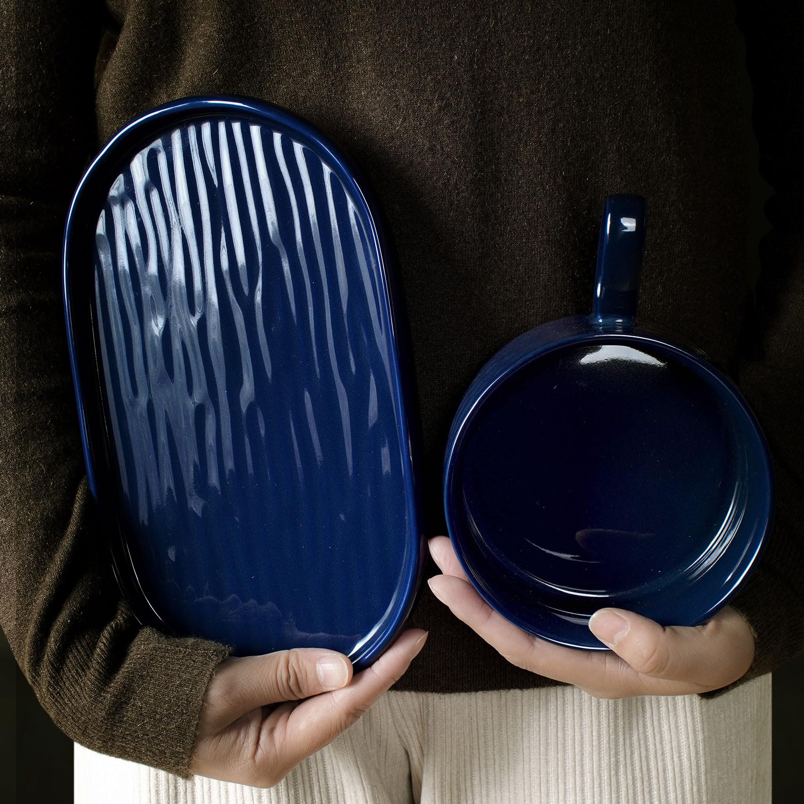 Ceramic Soup Bowl with Handle & Salad Plate Set - 18oz Microwave & Dishwasher Safe Soup Mug for Cereal, Pasta, Rice - Navy Blue Dinnerware Combo for Appetizers, Desserts, Sandwiches & Family Meals