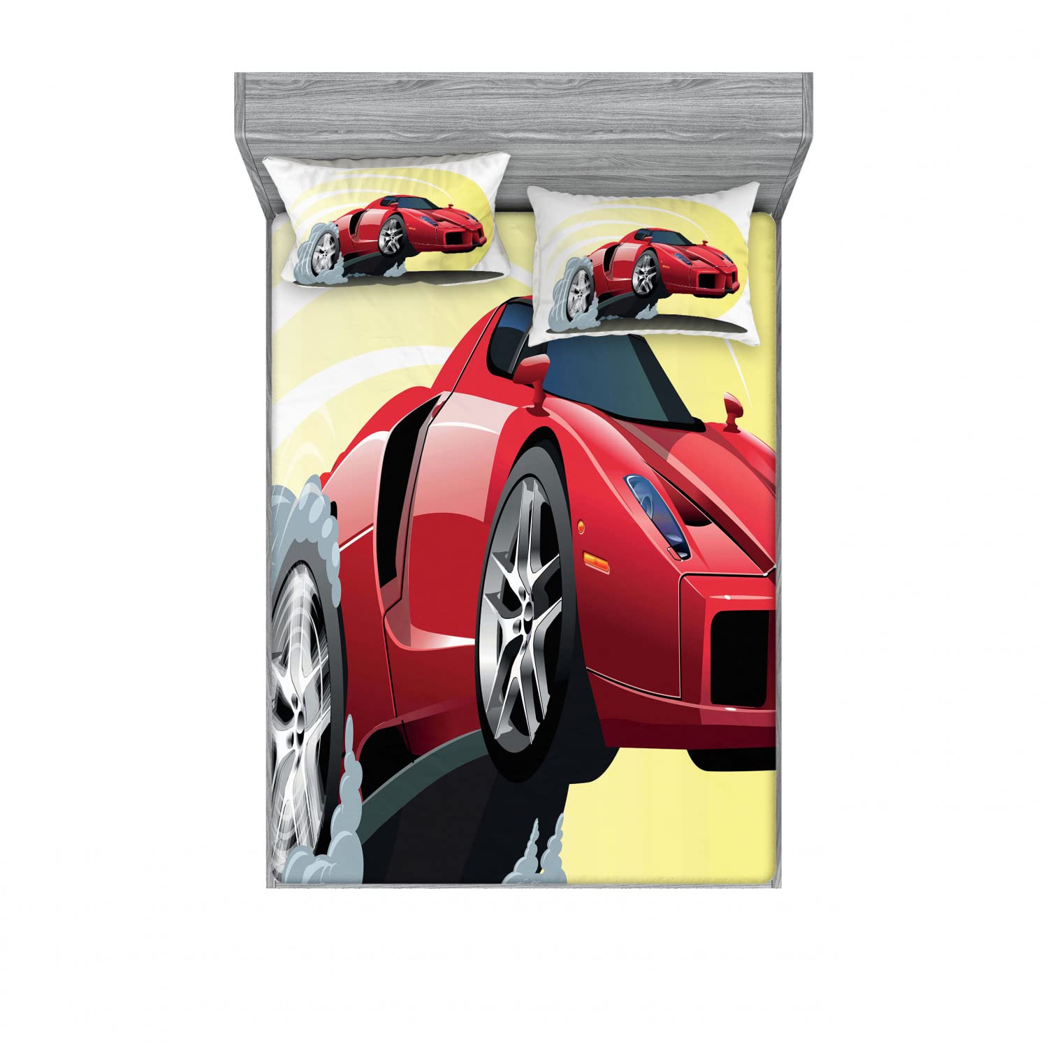 Ambesonne 2-Pack King Size Fitted Sheet & Pillow Sham Set - Cartoon Vehicle Design, 4-Piece Bedding Set (Red, Yellow, Grey) for Kids Room, Boys Bedroom Decor, Race Car Themed Nursery