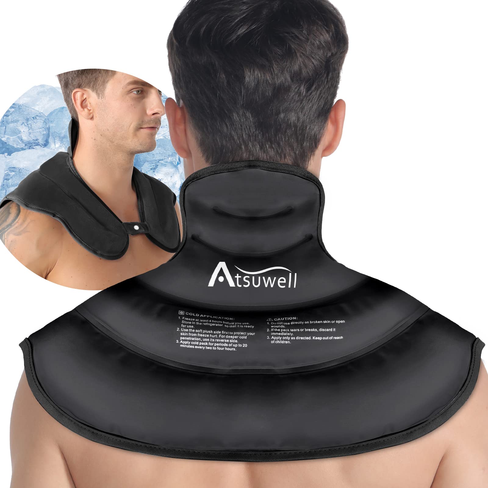 Atsuwell Reusable Gel Ice Pack Wrap for Neck & Shoulders - Cold Compression Therapy for Upper Back Pain Relief - Flexible Neck Shoulder Pad for Men & Women (Black) - Perfect for Sports Injuries, Migraines & Post-Surgery Recovery