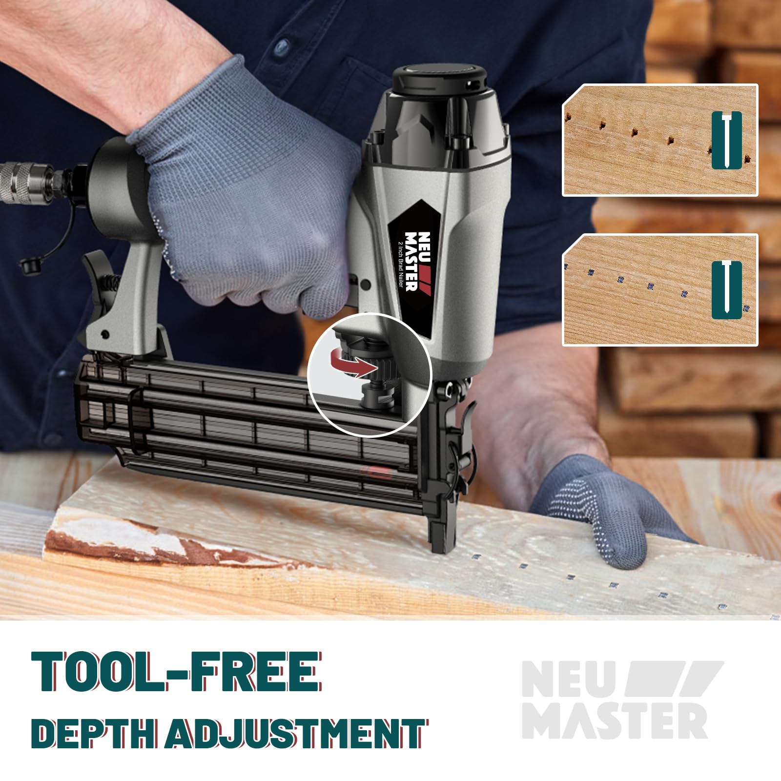 NEU MASTER 18 Gauge Pneumatic Brad Nailer - Professional Nail Gun for Woodworking & Carpentry (Fires 5/8