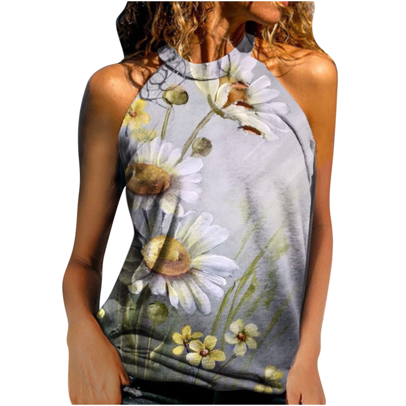 Women's High Neck Sleeveless Graphic Tunic Tank Top - Summer Fashion Halter Blouse for Casual Wear, Beach Outfits & Street Style