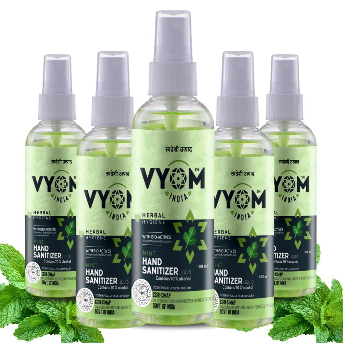 Vyom India 70% Alcohol Hand Sanitizer Spray - Herbal Mint Sanitizing Liquid, Antibacterial & Skin-Friendly (100ml, Pack of 5) - Ideal for Travel, Office, School & Home Use