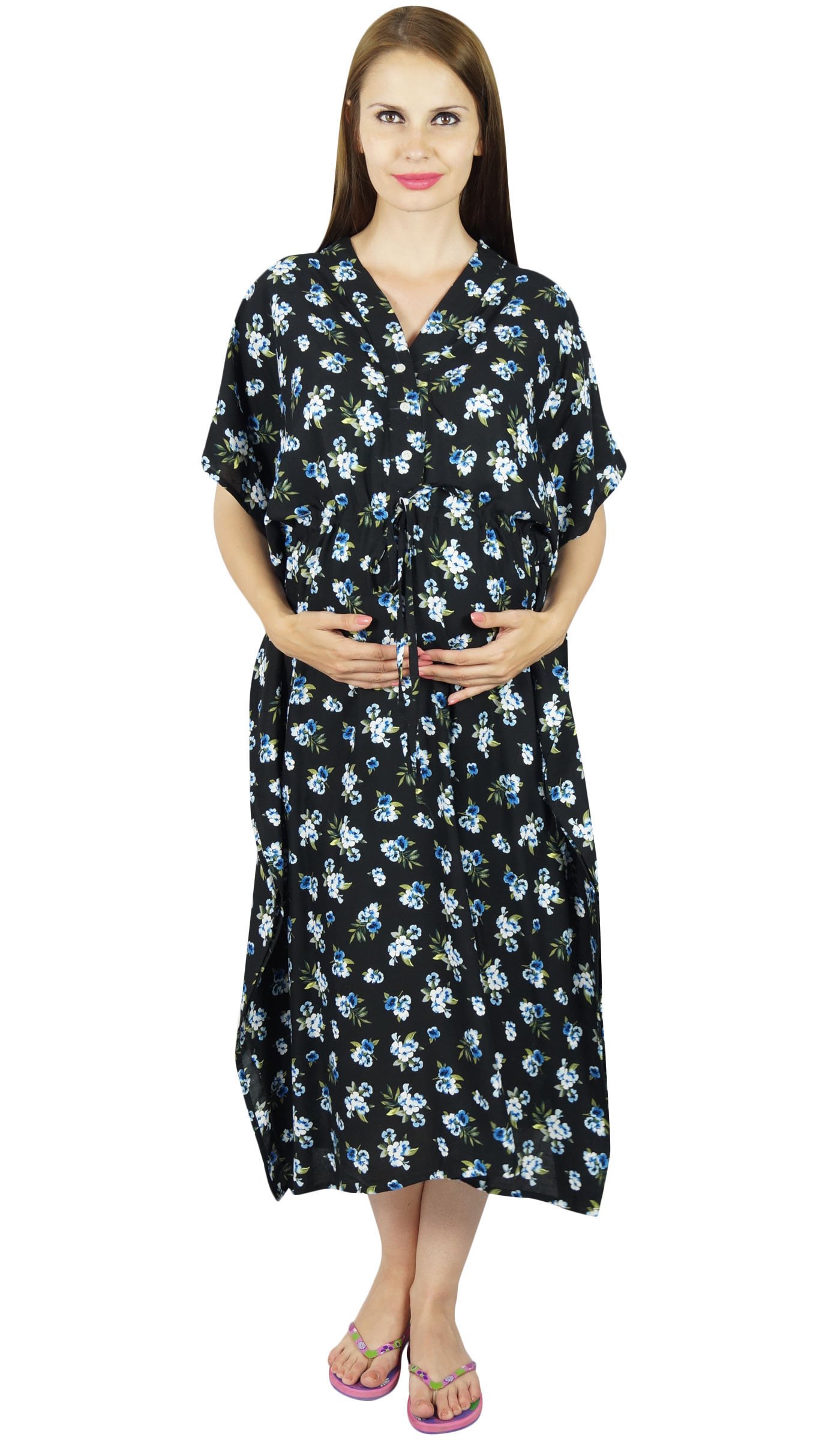 Bimba Maternity Floral Kaftan Nursing Nightgown with Front Buttons - Comfortable Breastfeeding Dress for Pregnancy & Postpartum, Perfect for Hospital, Home & Nursing