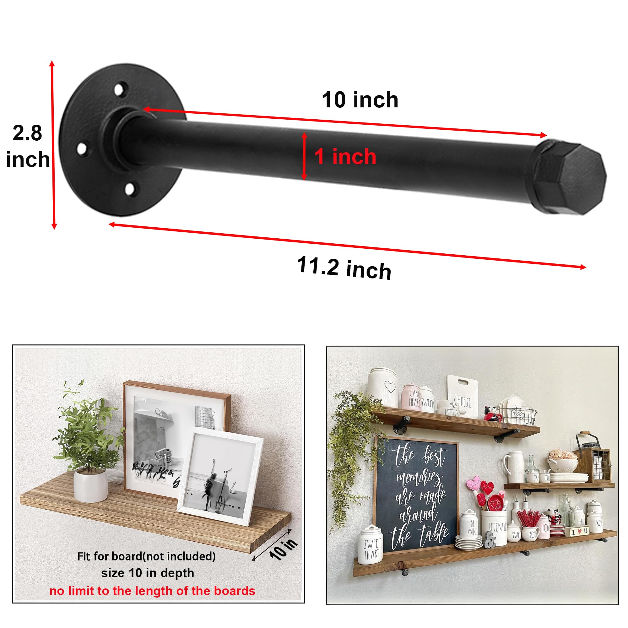 10 Inch Black Iron Pipe Shelf Brackets - Industrial Wall Mount DIY Shelving Kit (6 Pack) for Rustic Home Decor, Clothing Rack & Storage Organization | Hardware Included | Perfect for Living Room, Bedroom & Garage