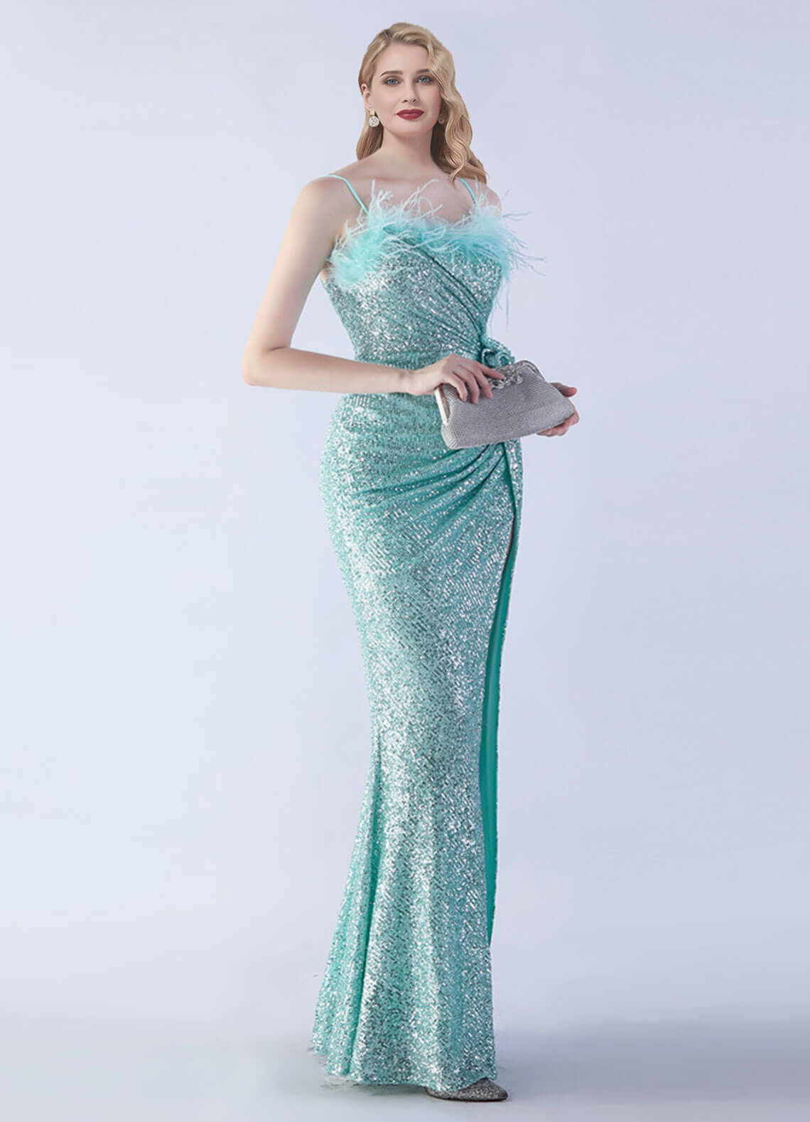 Agua Luxury Feather Spaghetti Straps Sequin Maxi Formal Gown - Elegant Evening Dress for Prom, Wedding, Gala & Special Occasions