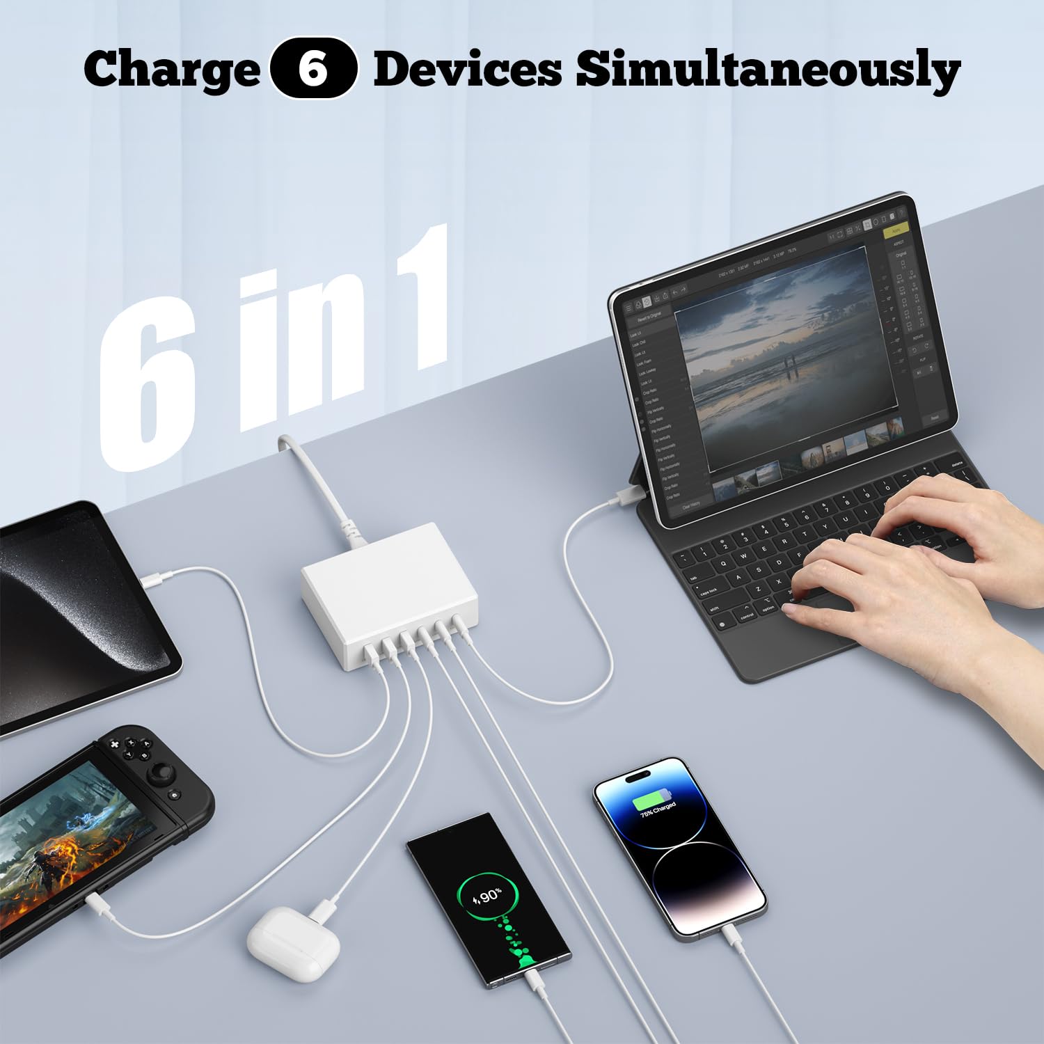 120W GaN USB C Charger with 6 Ports (3 USB-C + 3 USB-A) - Fast PD Charging Station for iPhone 15/14, Samsung Galaxy S23, Google Pixel, iPad, Tablets & Power Banks - Compact Desktop Charger for Home, Office & Travel (White)